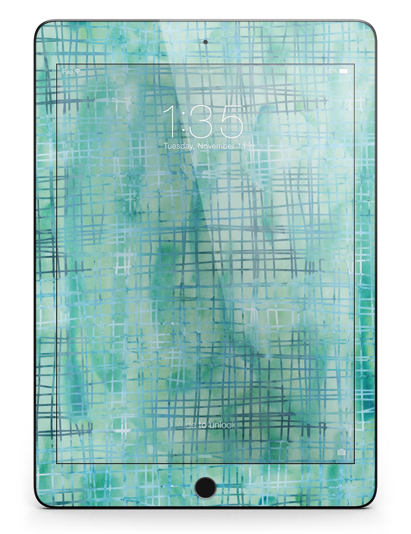 Aqua Watercolor Cross Hatch Full Body Skin for iPad Pro, showcasing vibrant colors and a stylish design.