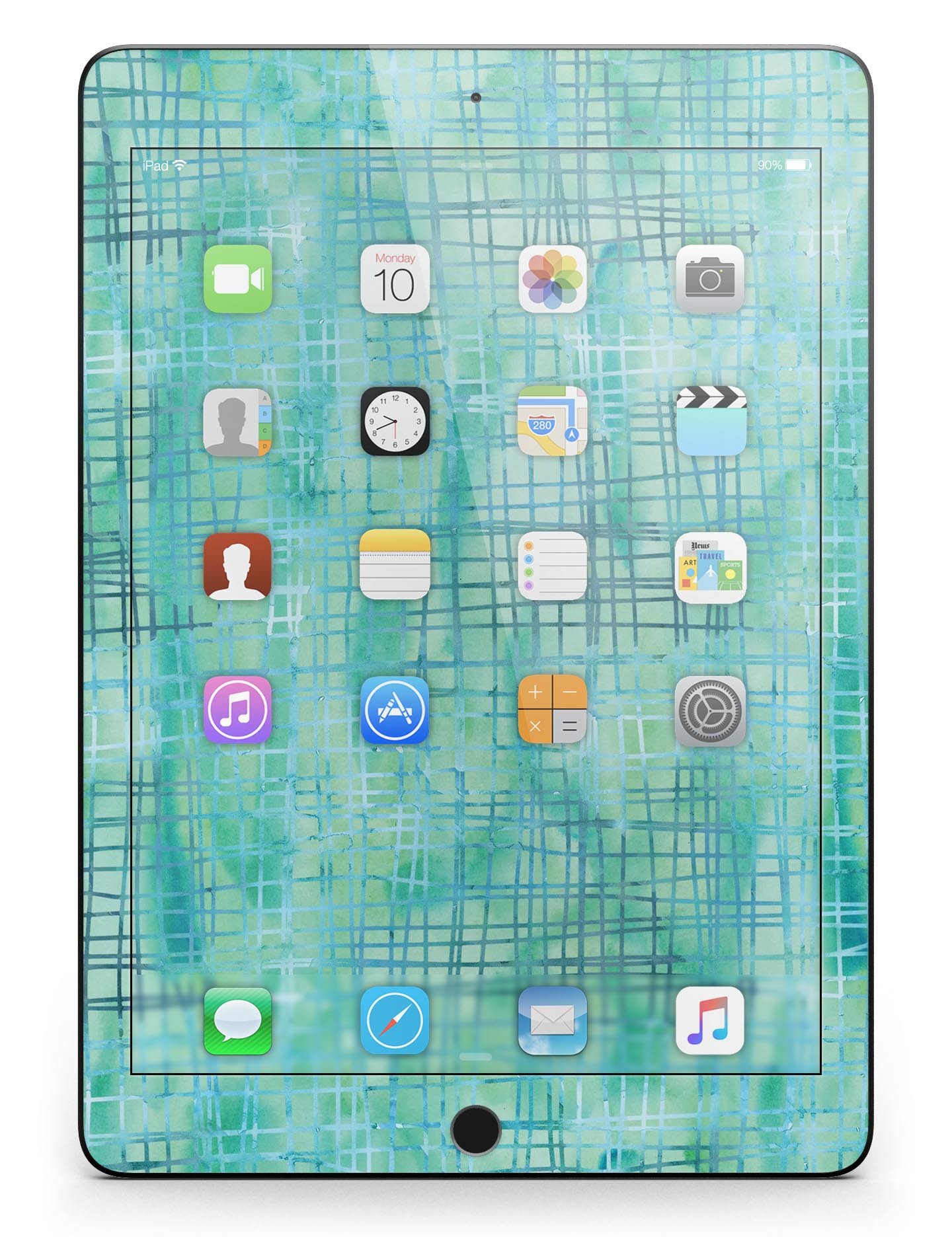 Aqua Watercolor Cross Hatch Full Body Skin for iPad Pro, showcasing vibrant colors and a stylish design.
