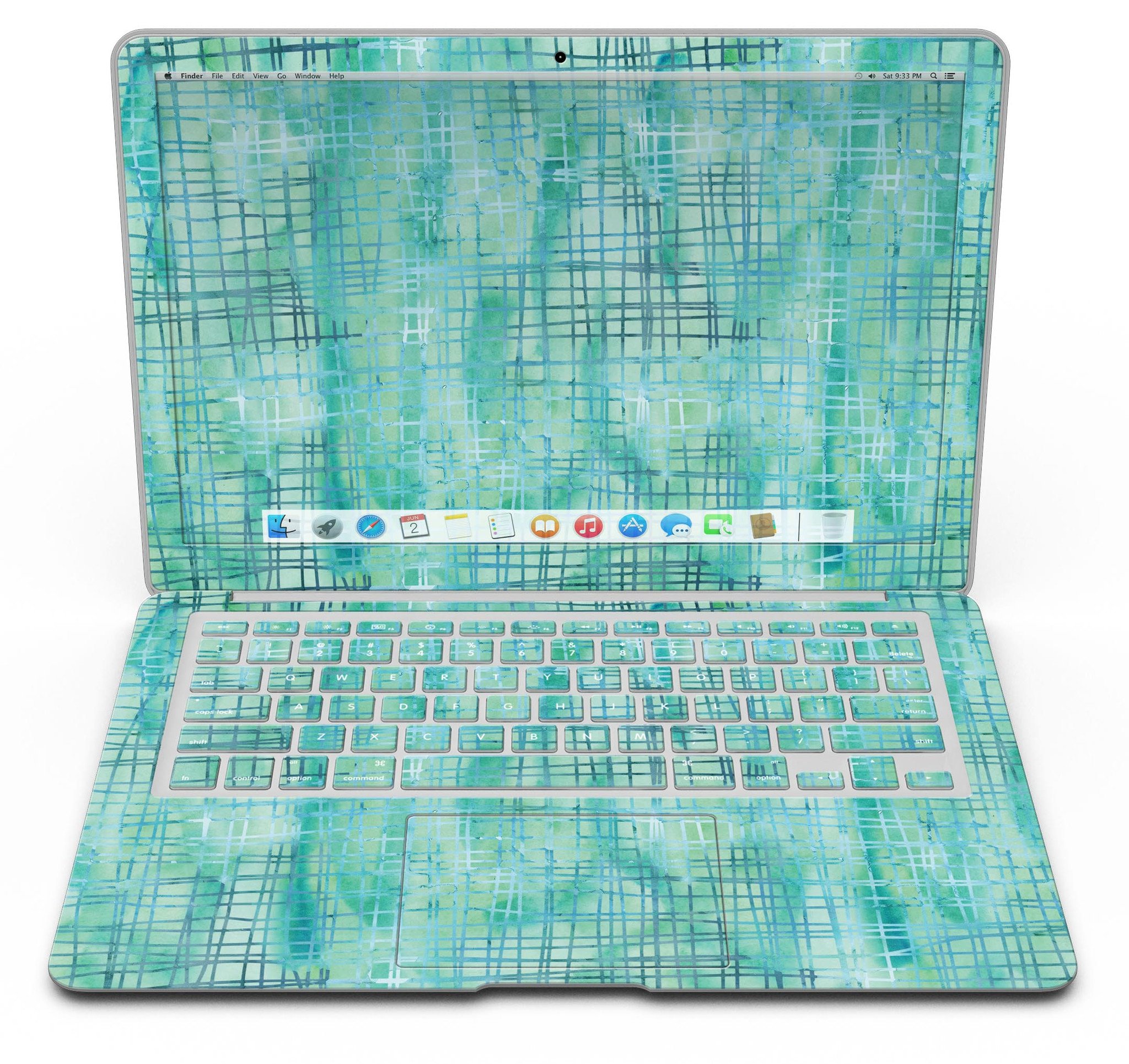 Aqua Watercolor Cross Hatch skin applied to a MacBook Air, showcasing vibrant colors and smooth finish.