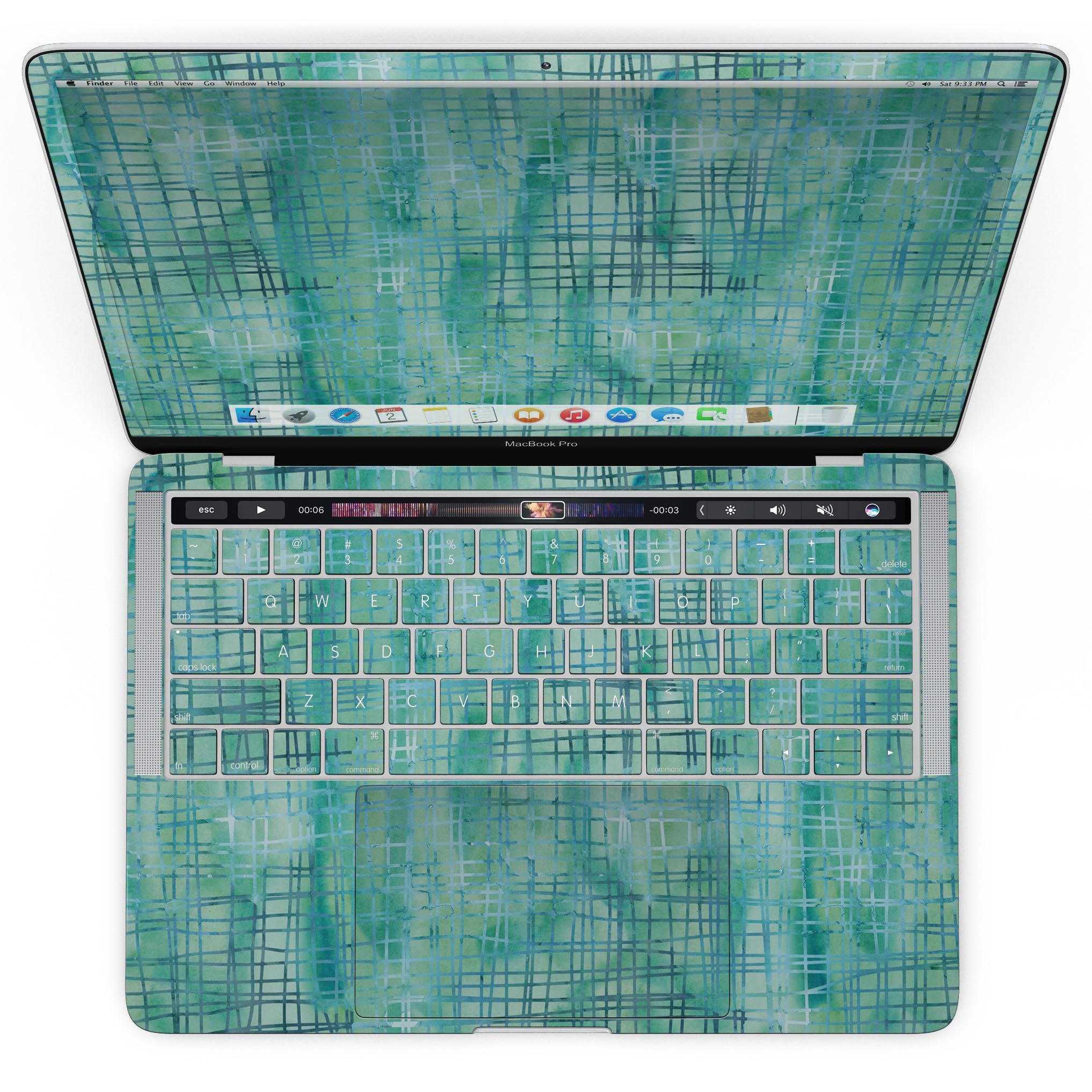 Aqua Watercolor Cross Hatch skin for MacBook Pro with Touch Bar, showcasing vibrant watercolor design and premium vinyl material.