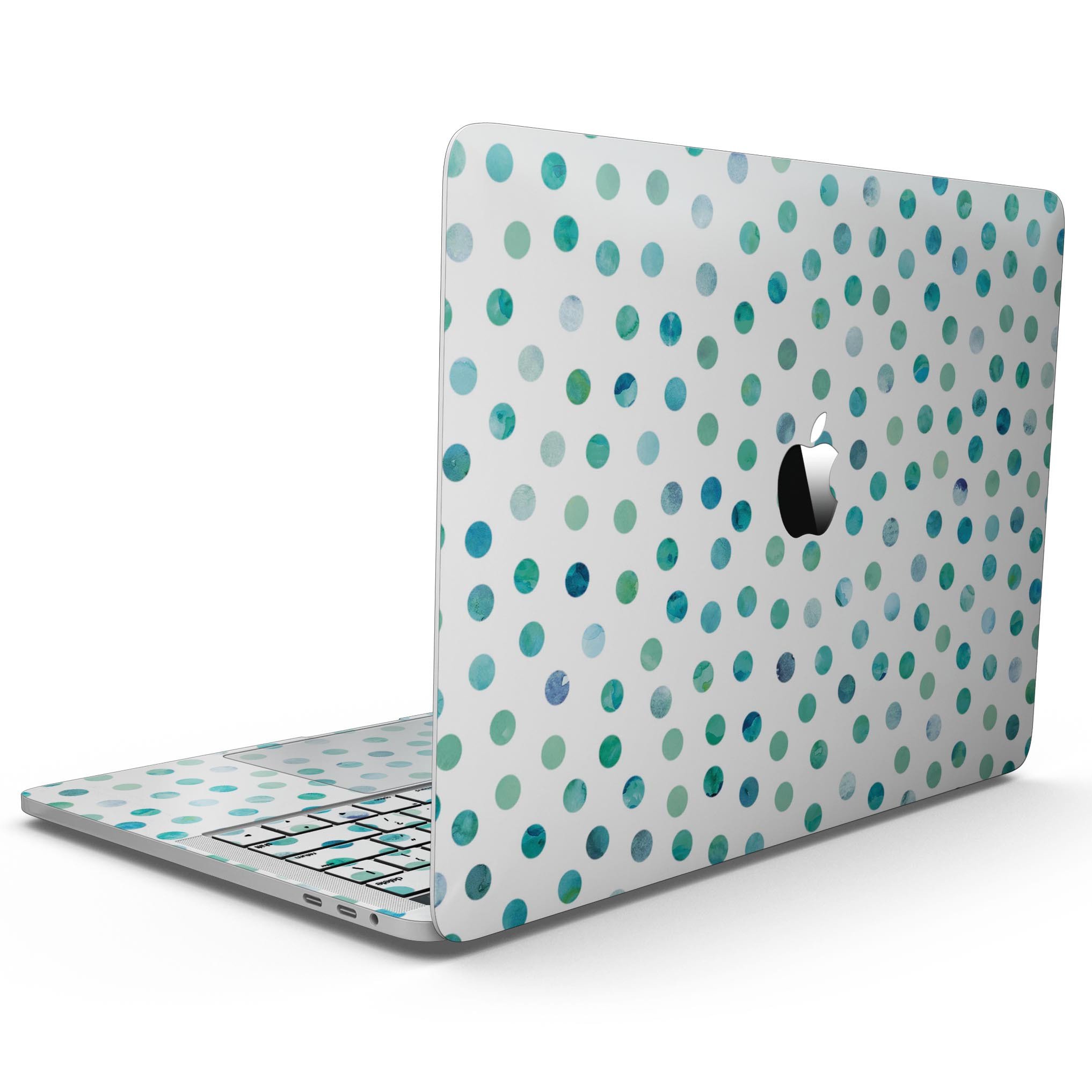 Aqua Watercolor Dots skin for MacBook Pro with Touch Bar, showcasing vibrant colors and a stylish design.