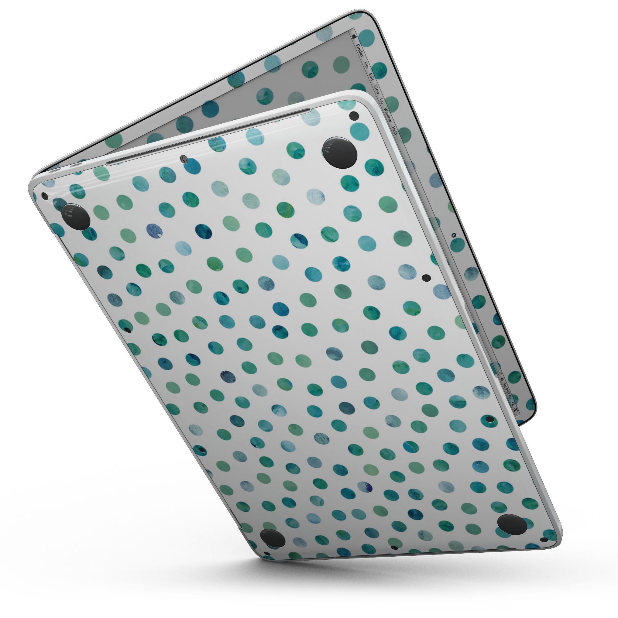 Aqua Watercolor Dots skin for MacBook Pro with Touch Bar, showcasing vibrant colors and a stylish design.