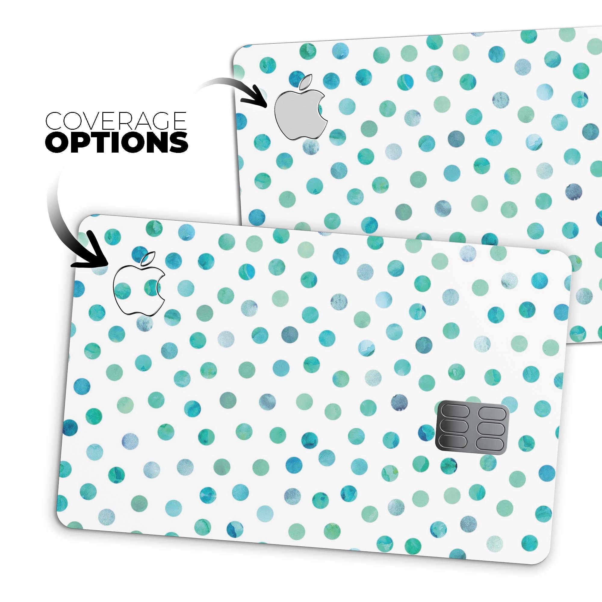 Aqua Watercolor Dots skin for Apple Card, showcasing vibrant colors and a protective design.