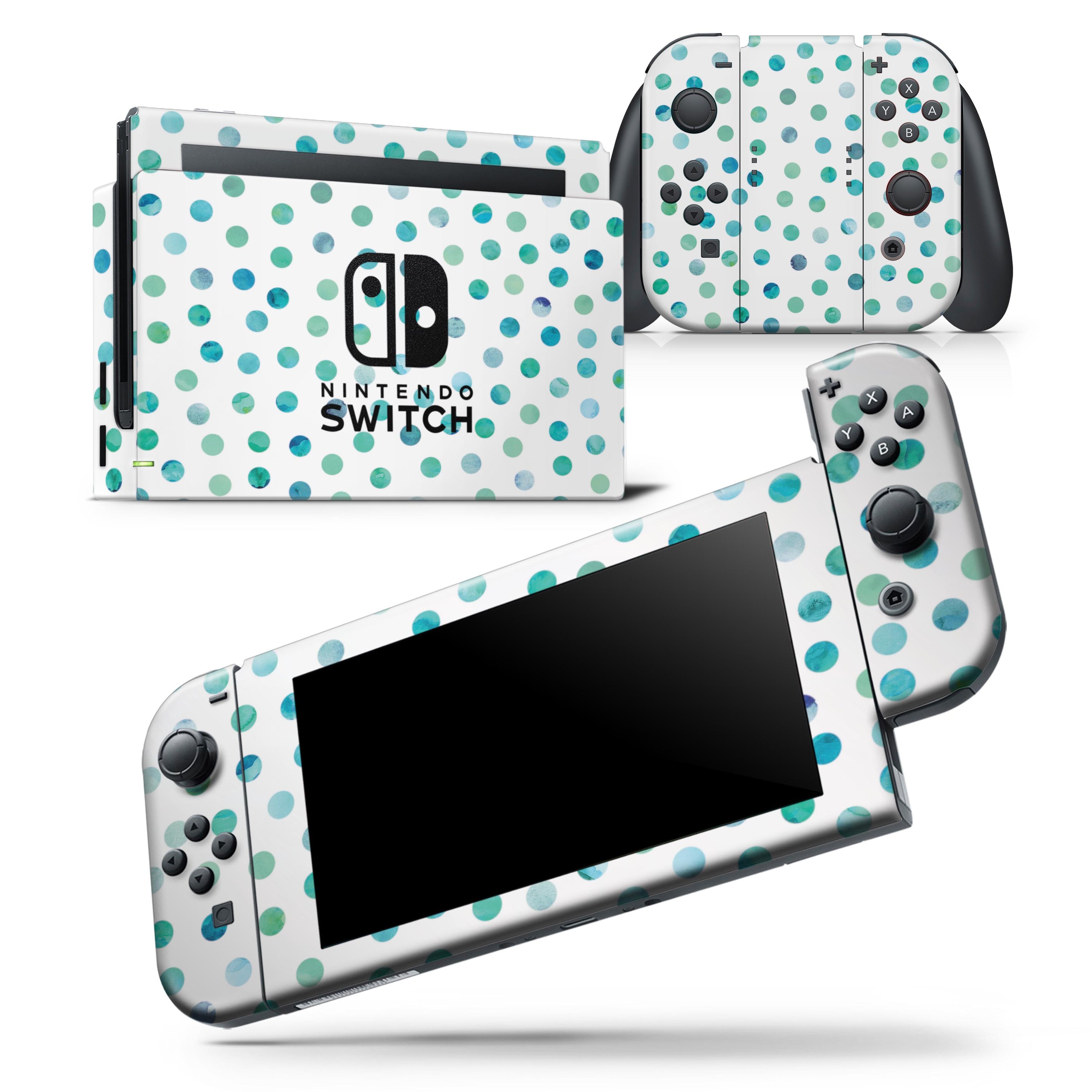 Aqua Watercolor Dots skin wrap decal for Nintendo Switch, showcasing vibrant colors and a sleek design.