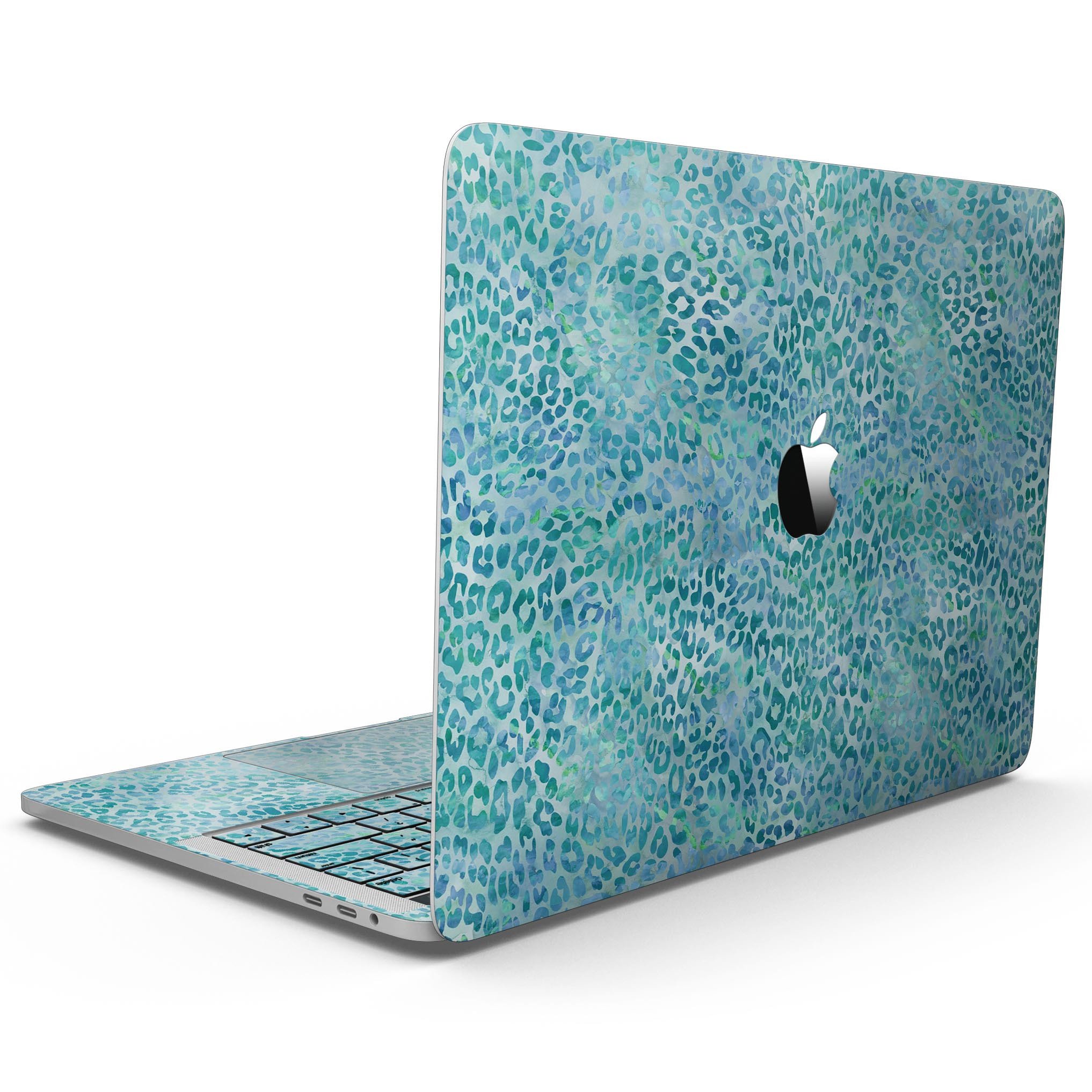 Aqua Watercolor Leopard Pattern skin for a 13-inch MacBook Pro without Touch Bar, showcasing vibrant colors and stylish design.