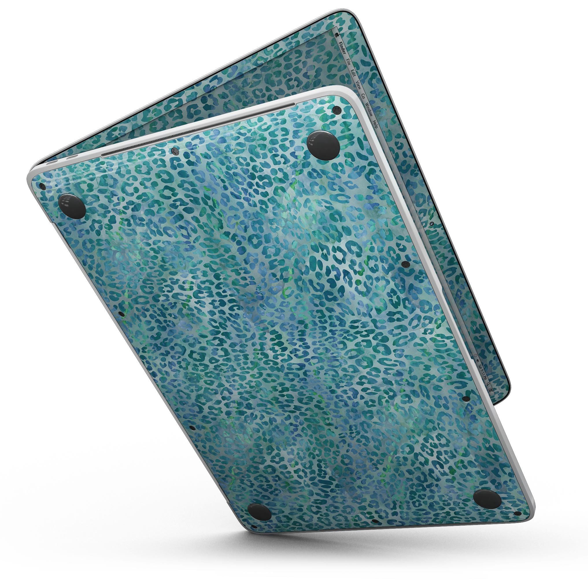 Aqua Watercolor Leopard Pattern skin for a 13-inch MacBook Pro without Touch Bar, showcasing vibrant colors and stylish design.