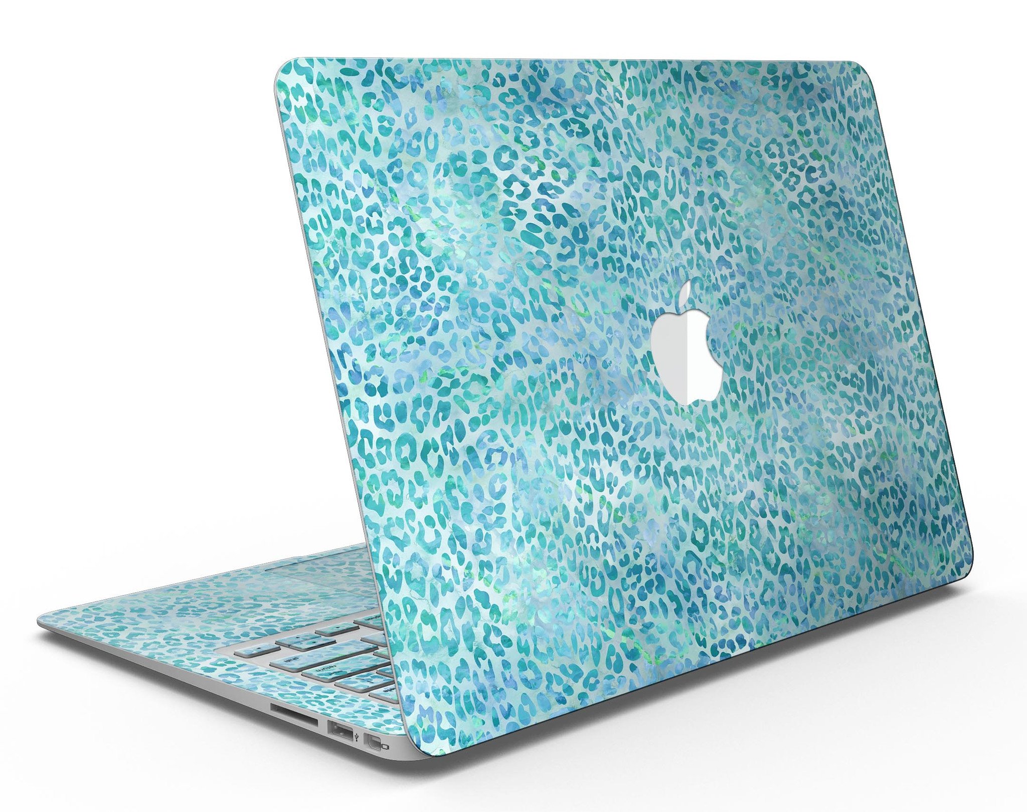 Aqua Watercolor Leopard Pattern skin for MacBook Air, showcasing vibrant colors and unique design on a sleek laptop.