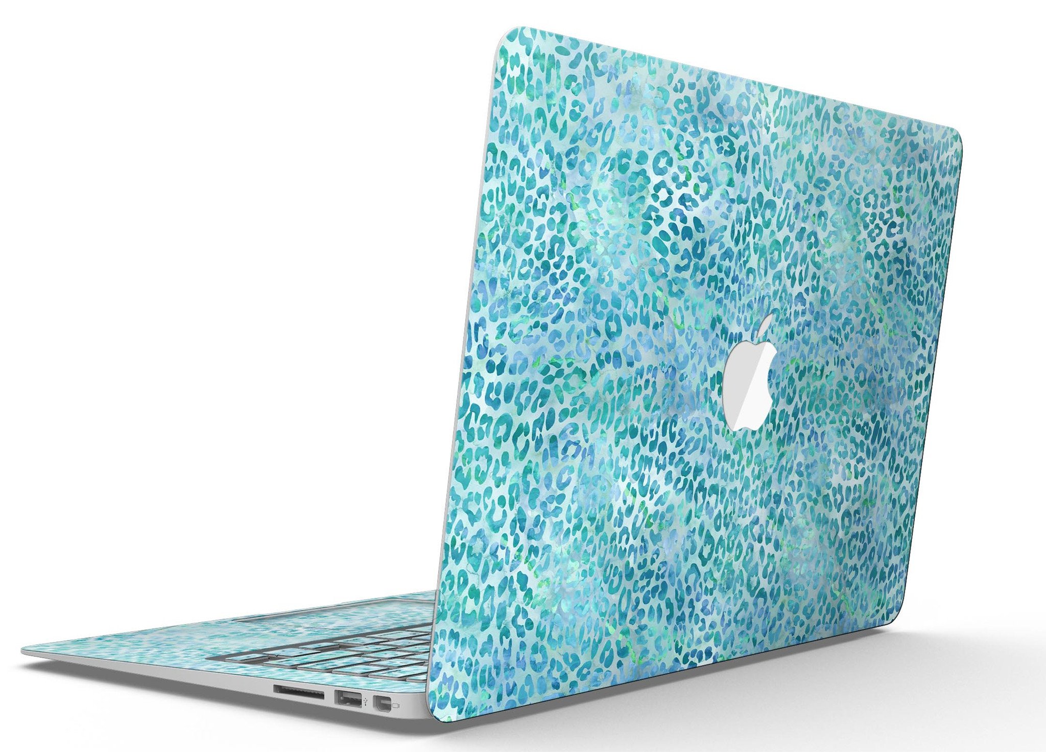 Aqua Watercolor Leopard Pattern skin for MacBook Air, showcasing vibrant colors and unique design on a sleek laptop.