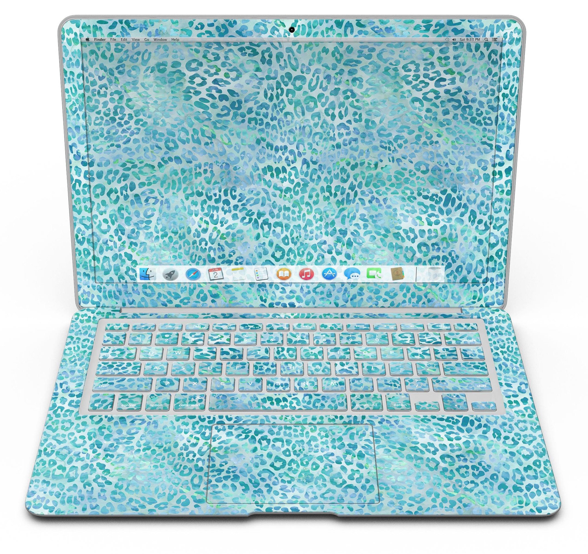 Aqua Watercolor Leopard Pattern skin for MacBook Air, showcasing vibrant colors and unique design on a sleek laptop.