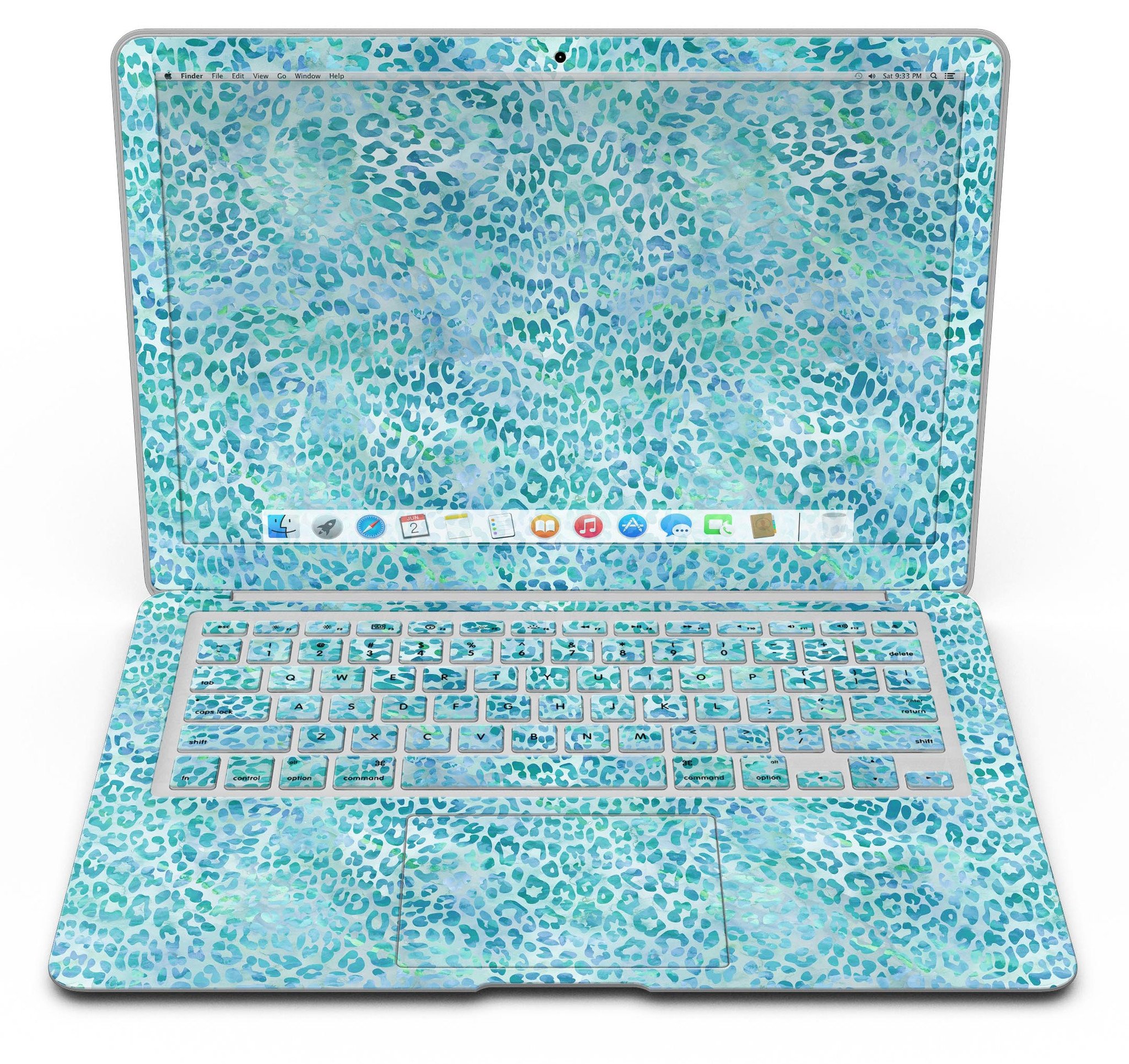 Aqua Watercolor Leopard Pattern skin for MacBook Air, showcasing vibrant colors and unique design on a sleek laptop.