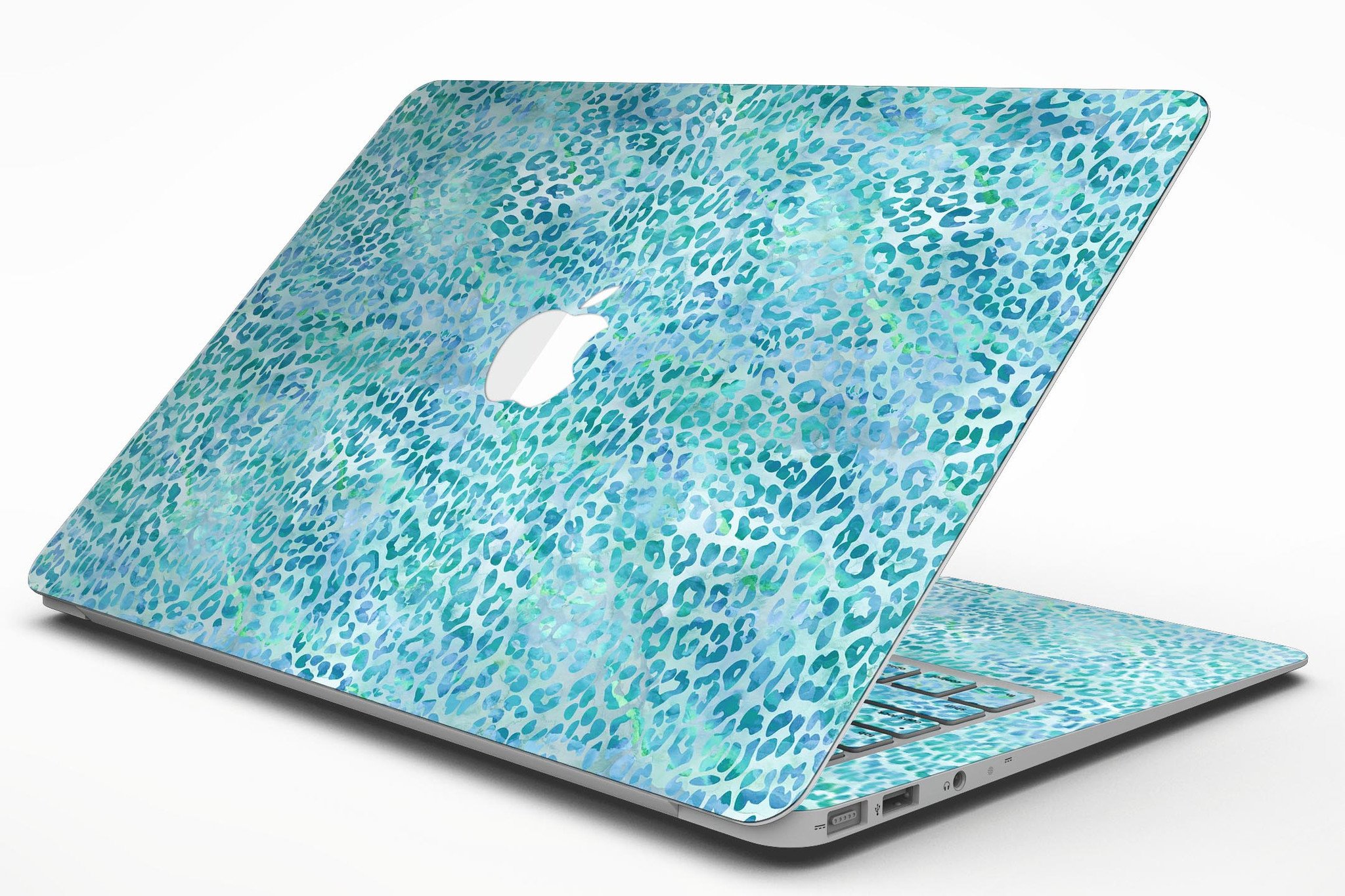 Aqua Watercolor Leopard Pattern skin for MacBook Air, showcasing vibrant colors and unique design on a sleek laptop.