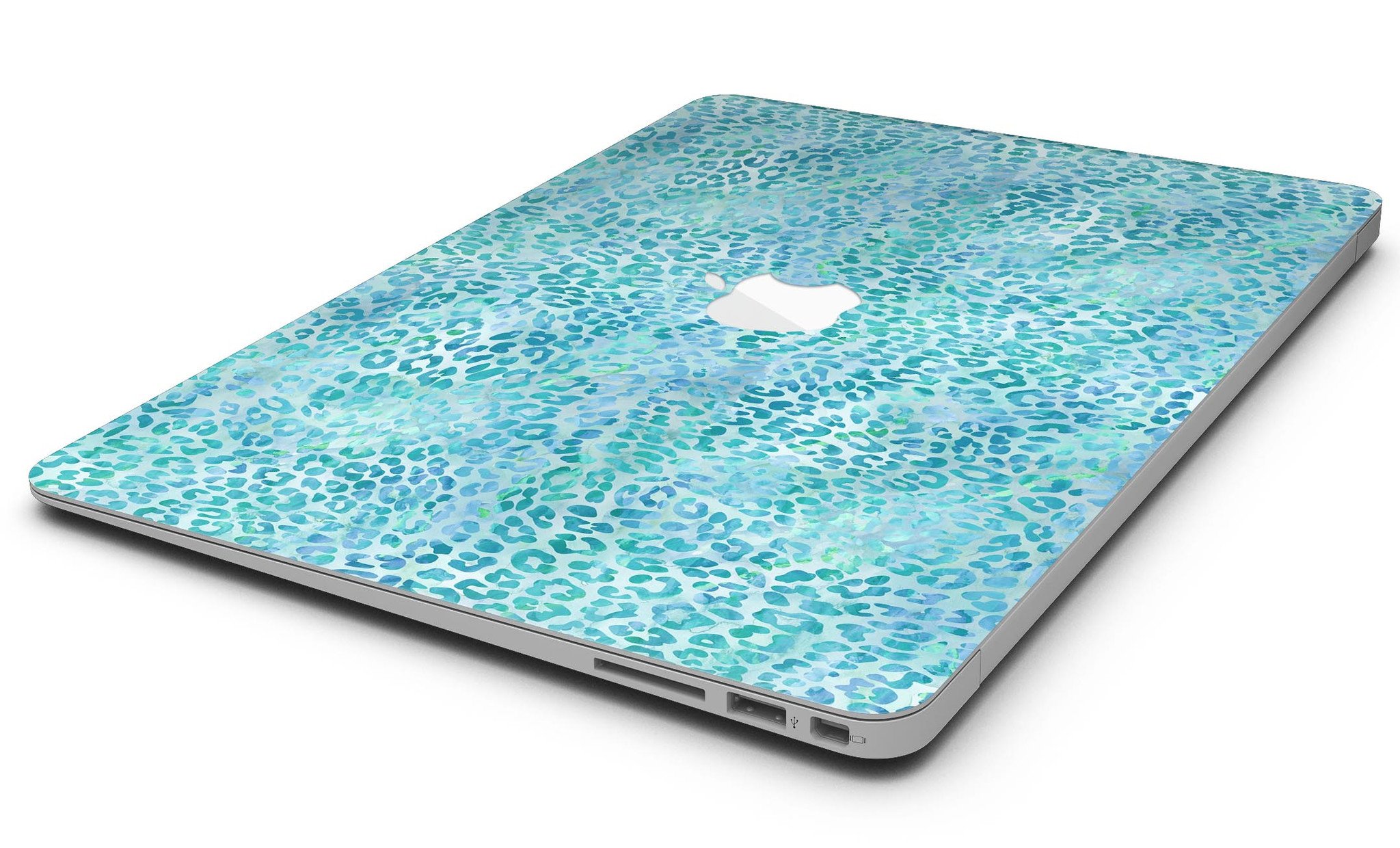 Aqua Watercolor Leopard Pattern skin for MacBook Air, showcasing vibrant colors and unique design on a sleek laptop.