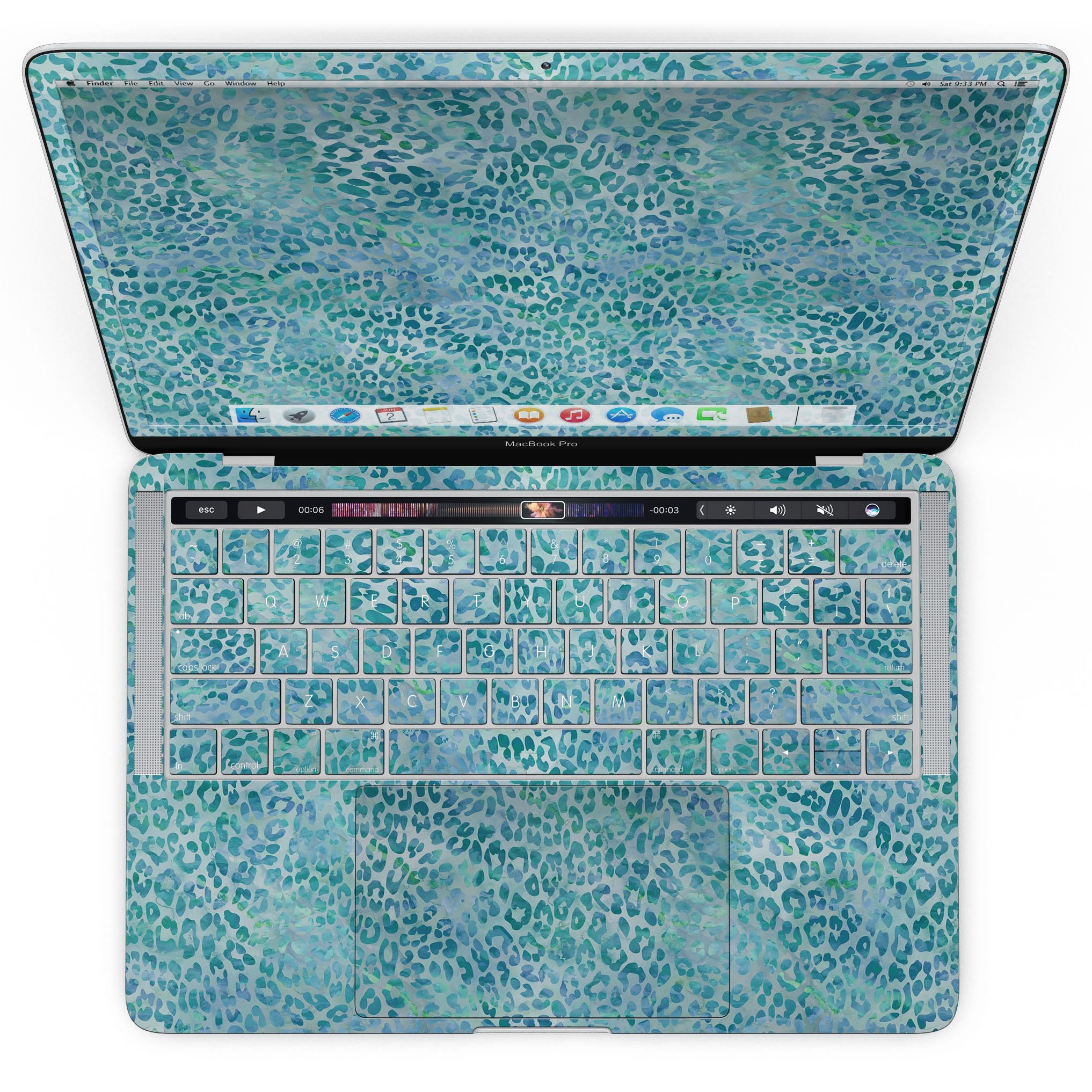 Aqua Watercolor Leopard Pattern skin for MacBook Pro with Touch Bar, showcasing vibrant colors and stylish design.