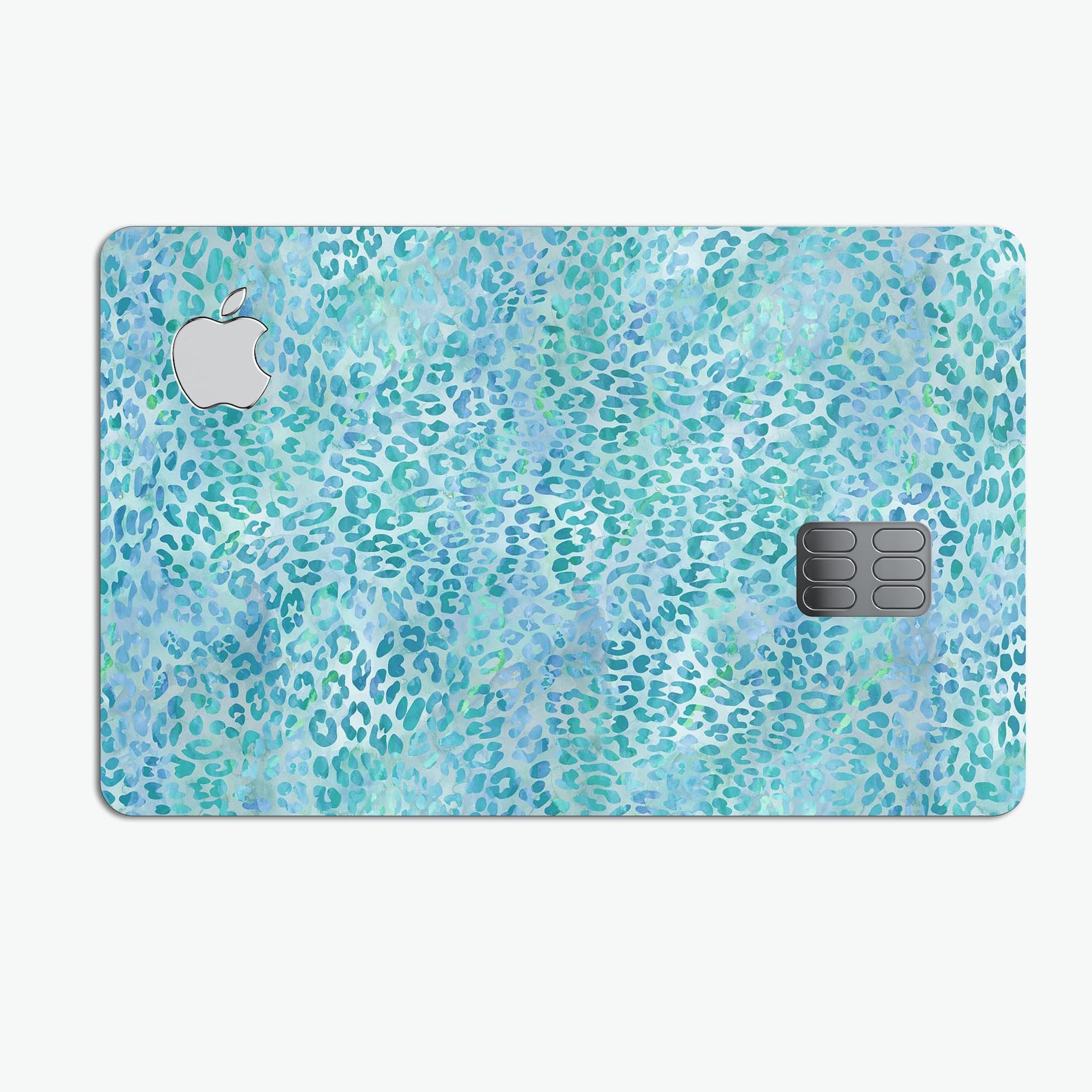 Aqua Watercolor Leopard Pattern skin for Apple Card, showcasing vibrant colors and stylish design.