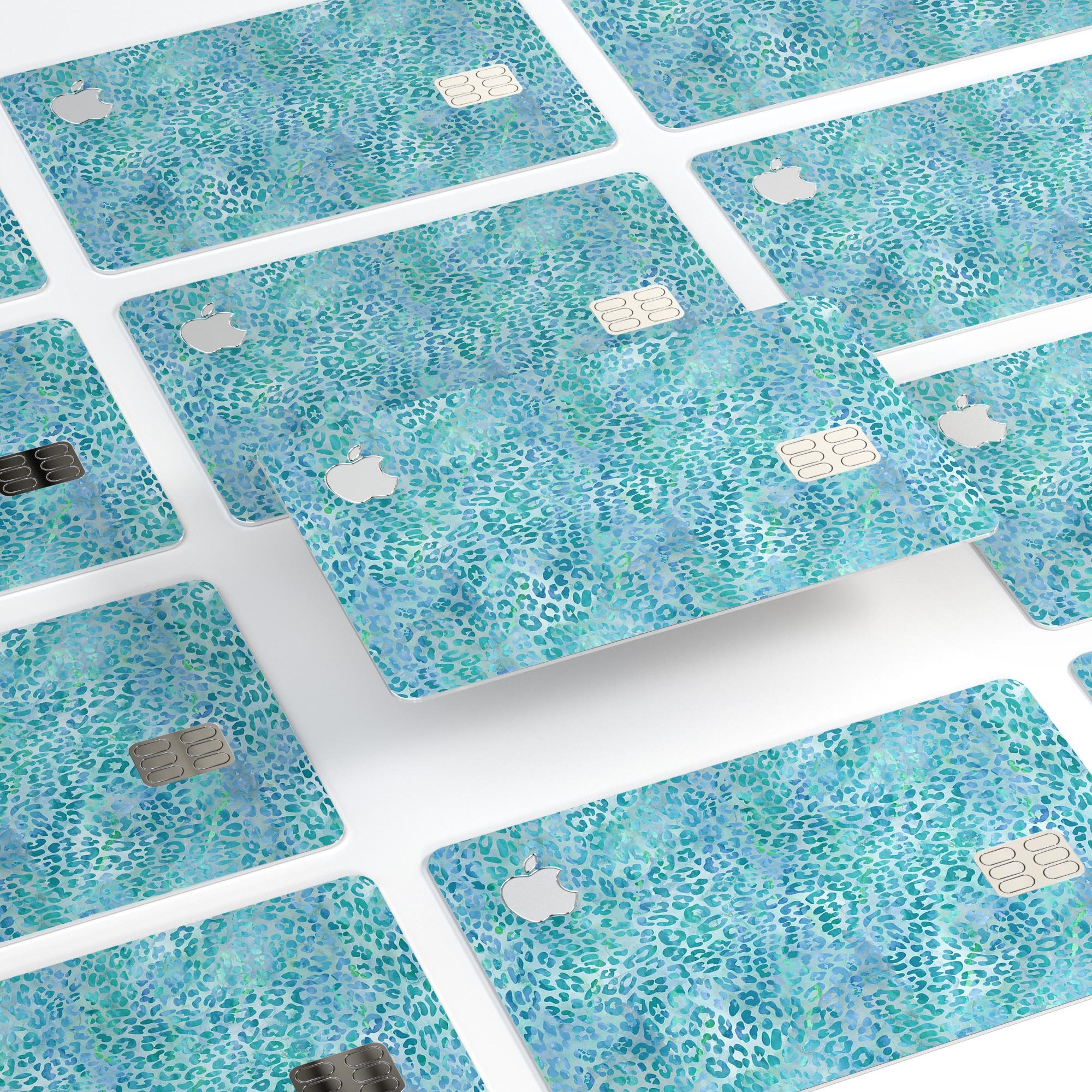Aqua Watercolor Leopard Pattern skin for Apple Card, showcasing vibrant colors and stylish design.