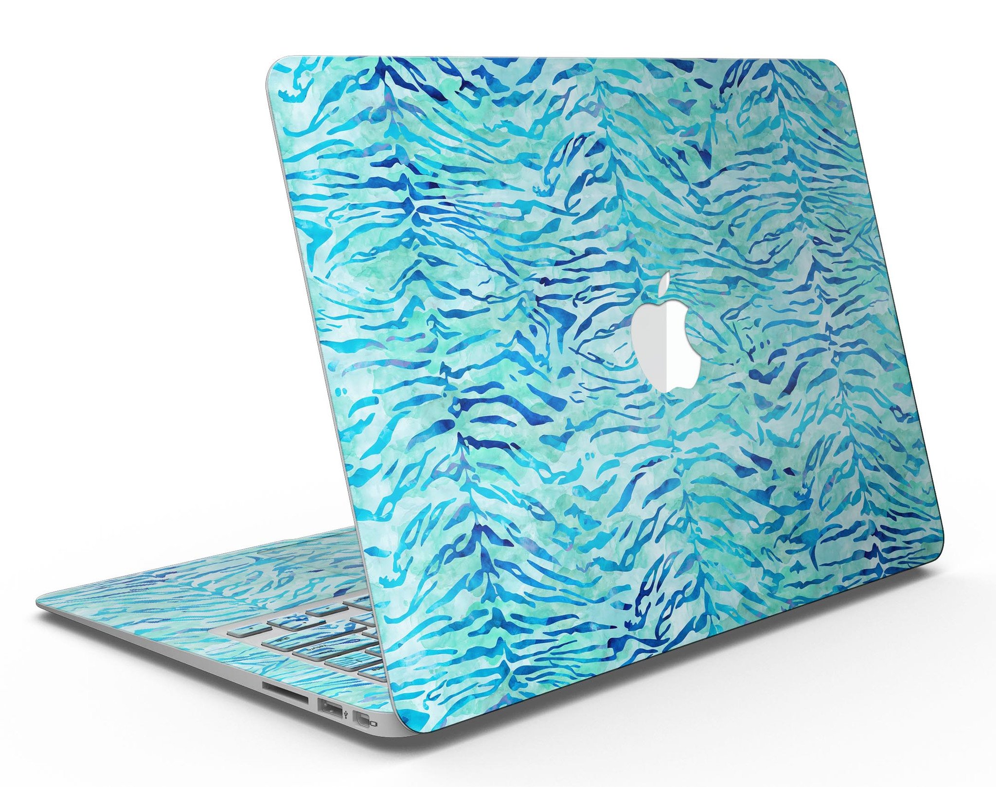 Aqua Watercolor Tiger Pattern skin for MacBook Air, showcasing vibrant colors and intricate design on a sleek laptop.