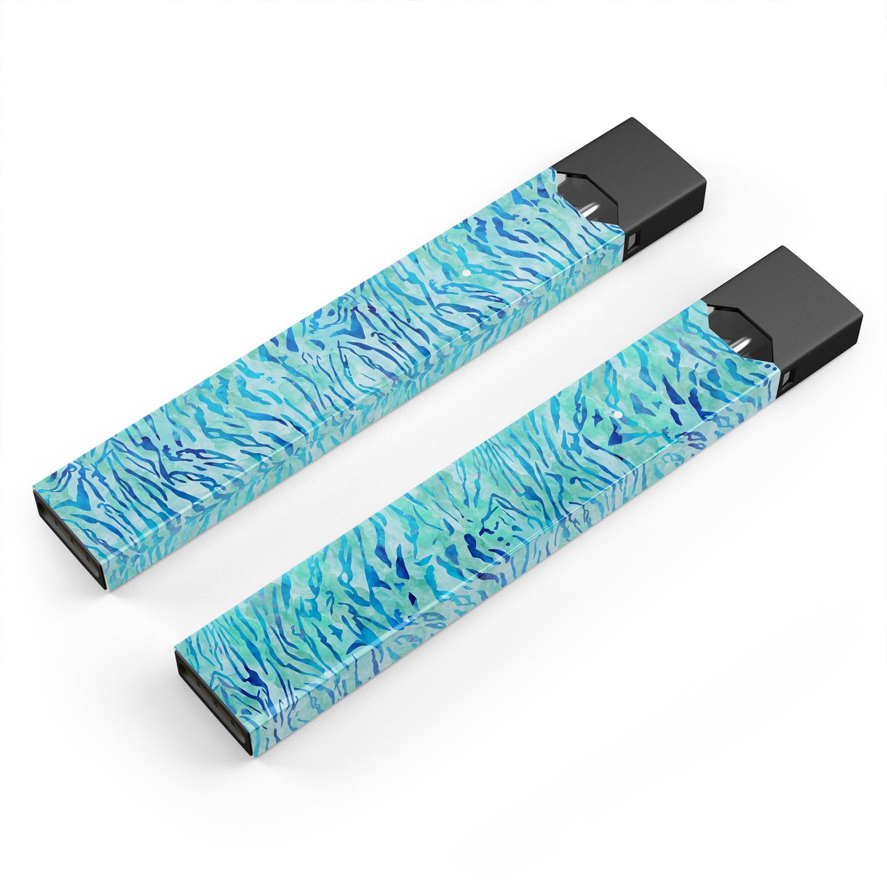 Aqua Watercolor Tiger Pattern skin-wrap designed for JUUL vaping device, showcasing vibrant colors and intricate tiger design.