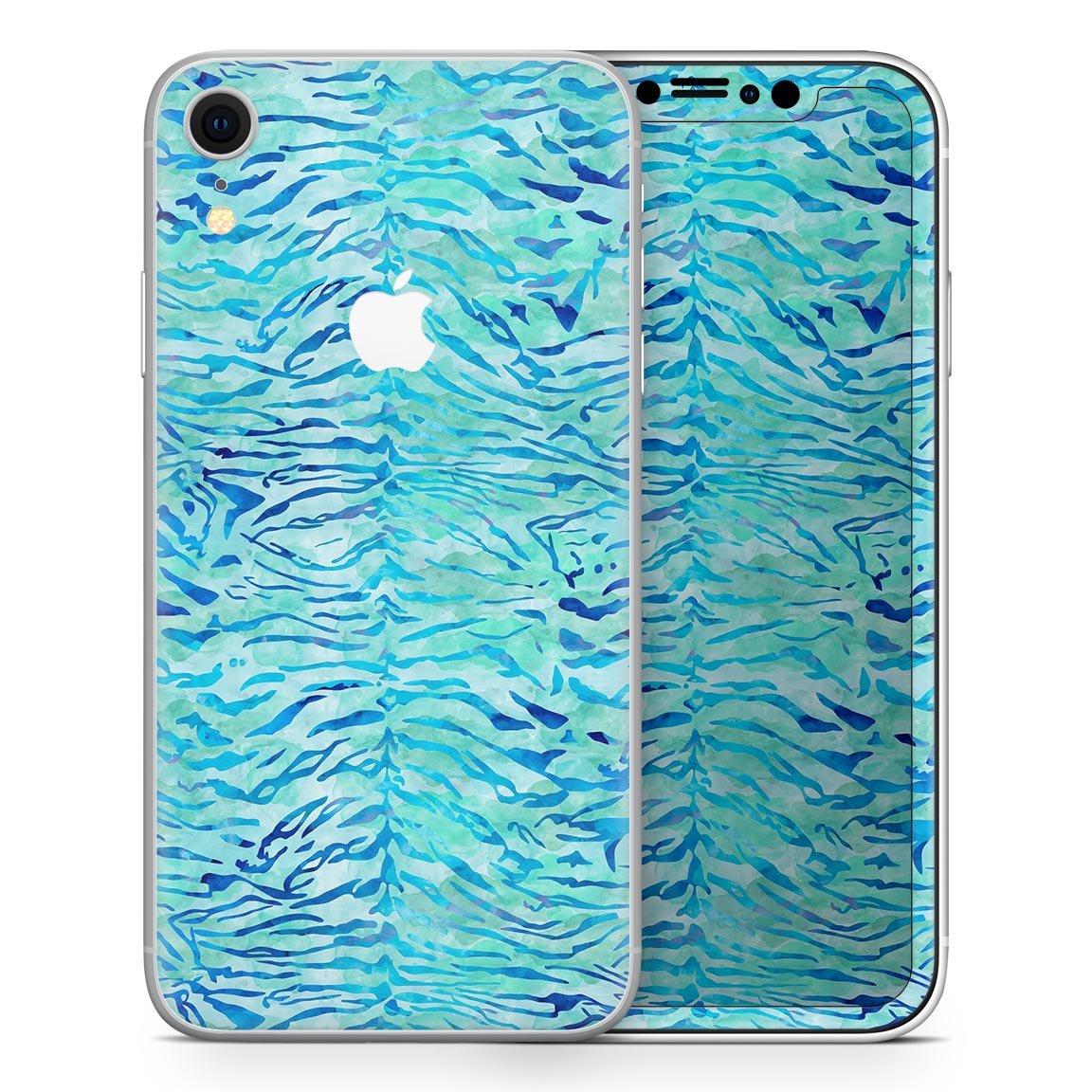Aqua Watercolor Tiger Pattern Skin-Kit for Apple iPhone XR and XS, showcasing vibrant colors and unique design.