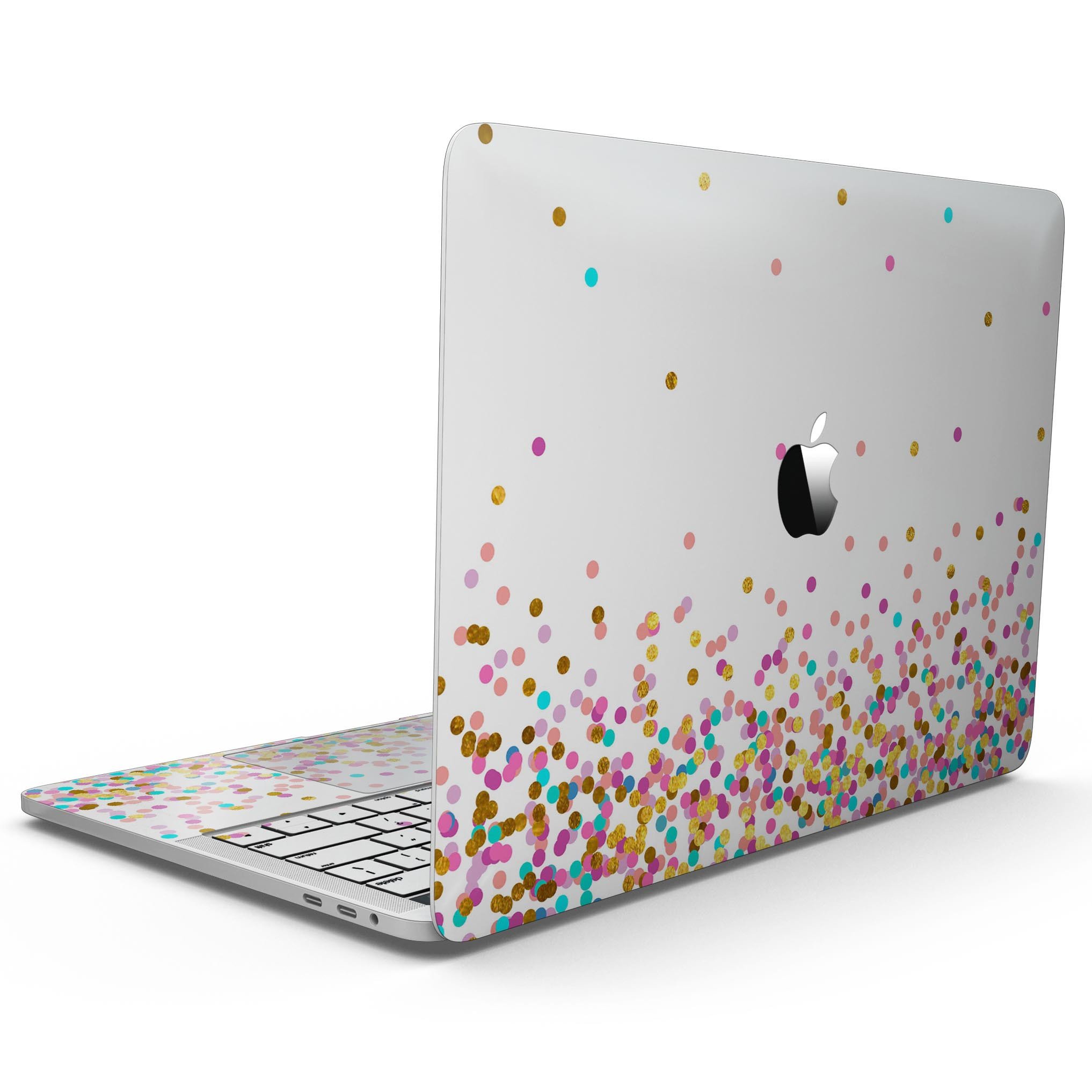 Colorful Ascending Multicolor Polka Dots skin for a 13" MacBook Pro without Touch Bar, showcasing vibrant patterns and a sleek design.