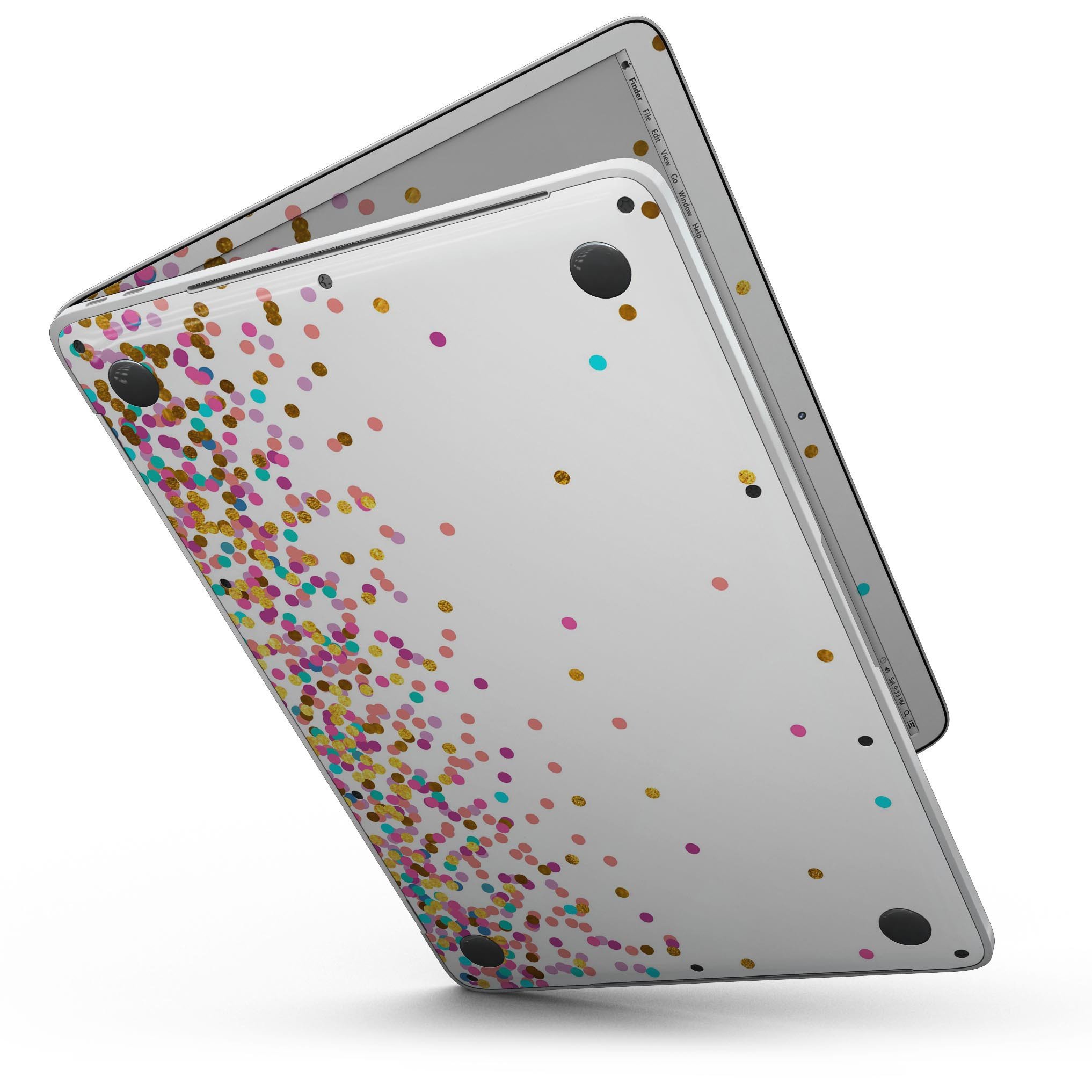 Colorful Ascending Multicolor Polka Dots skin for a 13" MacBook Pro without Touch Bar, showcasing vibrant patterns and a sleek design.