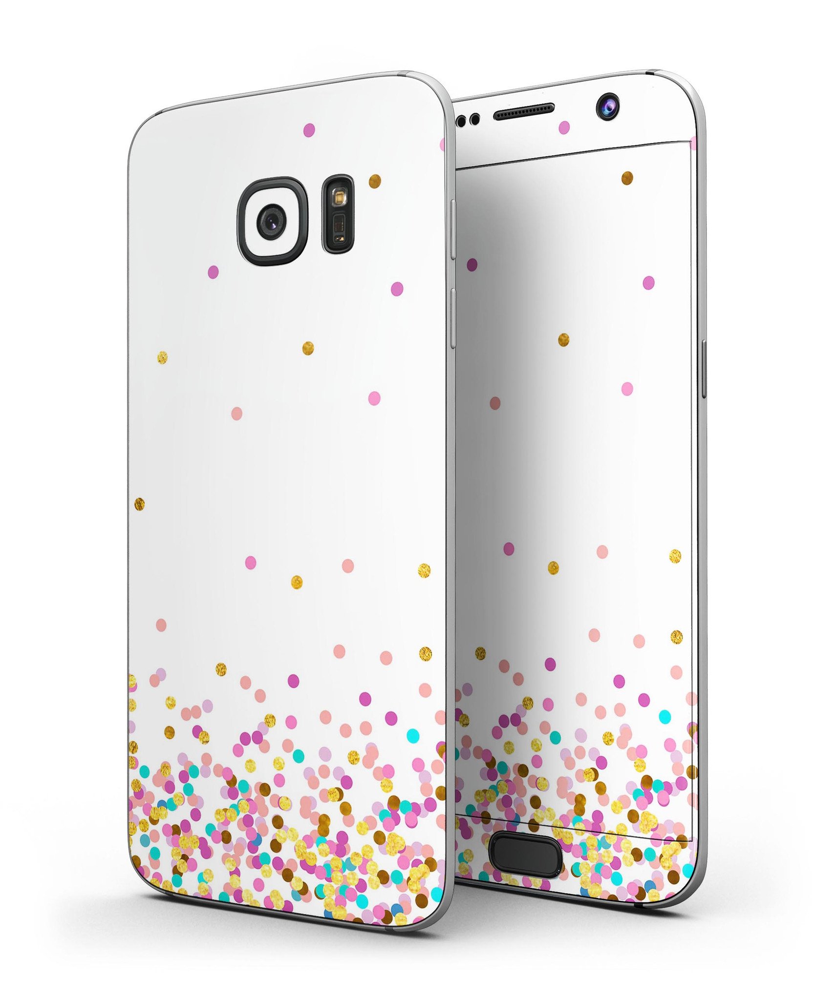 Full body skin kit for Samsung Galaxy S7/S7 Edge featuring ascending multicolor polka dots design, showcasing vibrant colors and premium vinyl material.