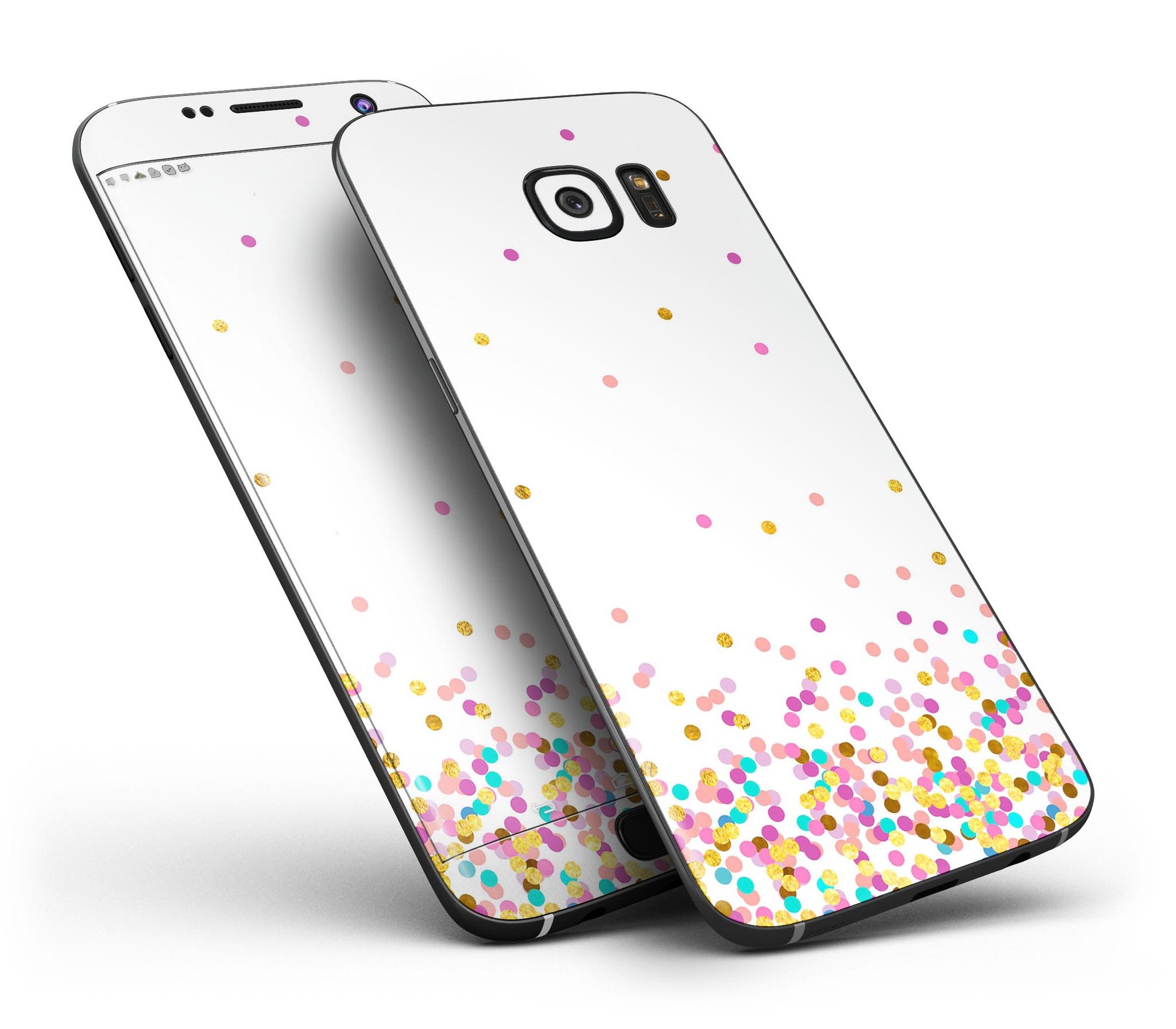 Full body skin kit for Samsung Galaxy S7/S7 Edge featuring ascending multicolor polka dots design, showcasing vibrant colors and premium vinyl material.