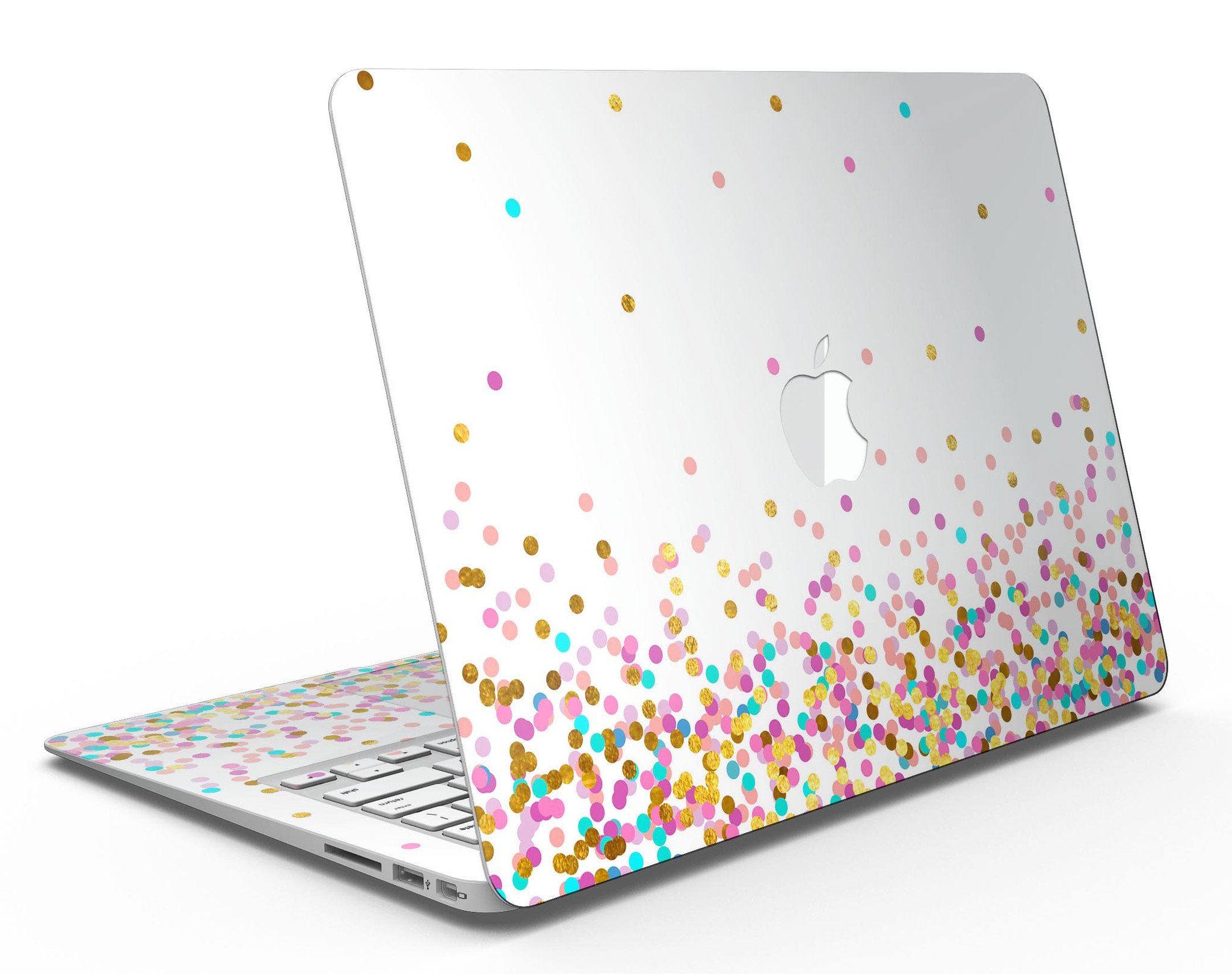 Colorful MacBook Air skin featuring ascending multicolor polka dots, designed for style and protection.
