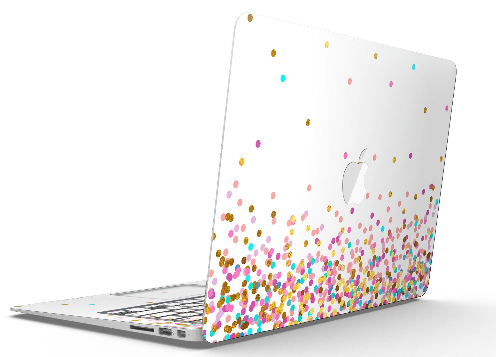 Colorful MacBook Air skin featuring ascending multicolor polka dots, designed for style and protection.