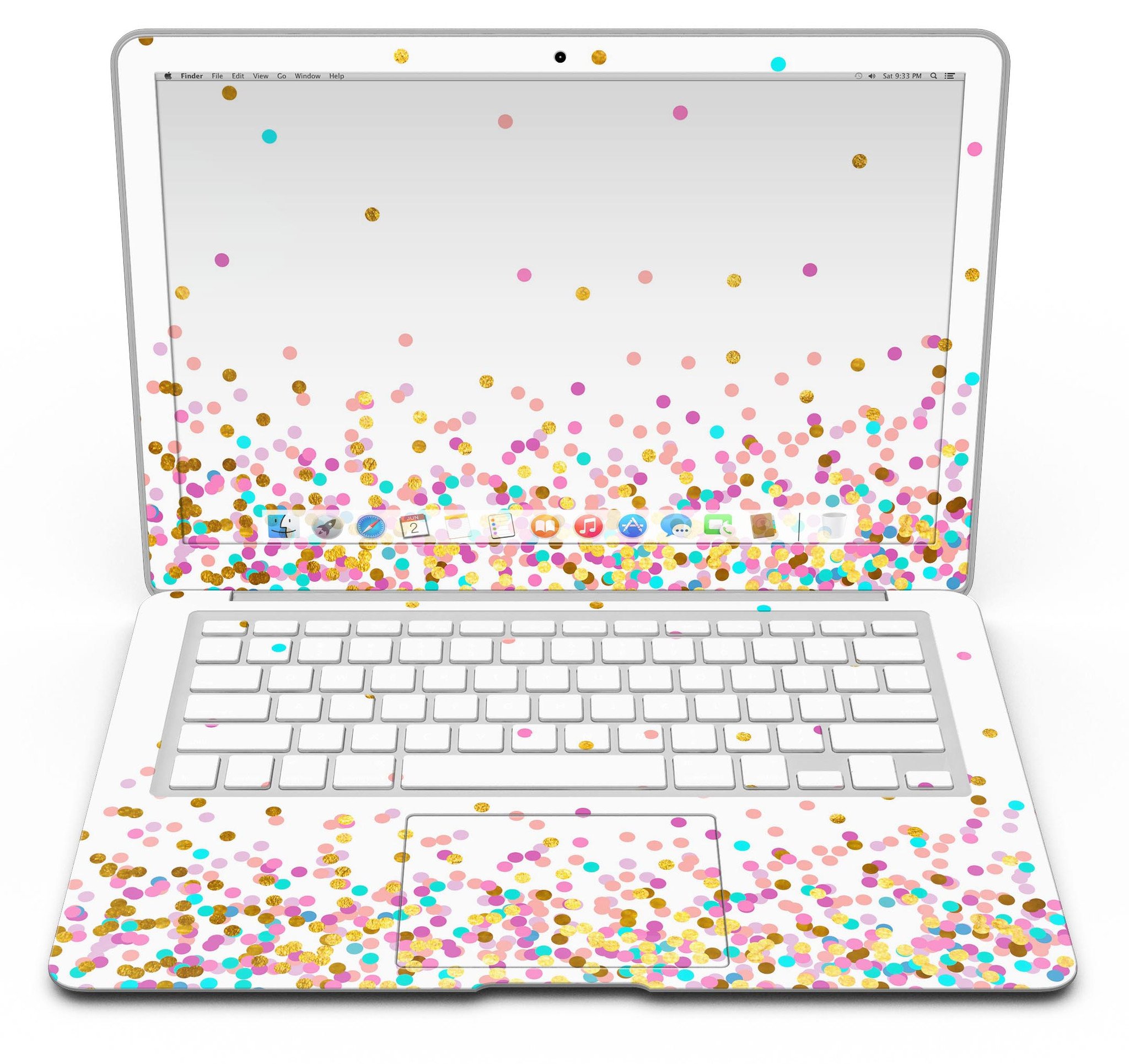 Colorful MacBook Air skin featuring ascending multicolor polka dots, designed for style and protection.