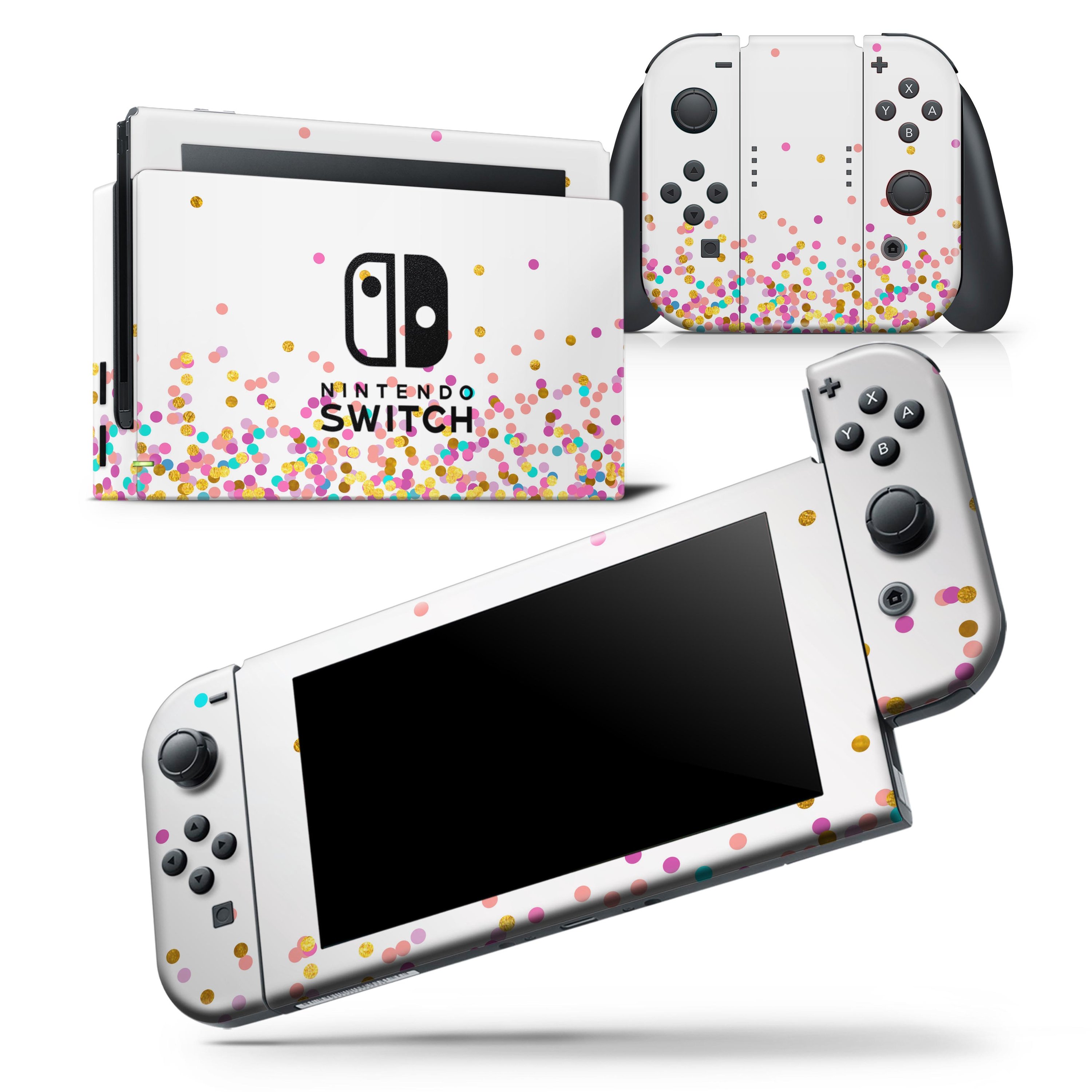 Ascending Multicolor Polka Dots skin wrap decal for Nintendo Switch, showcasing vibrant colors and a snug fit on the console and controllers.