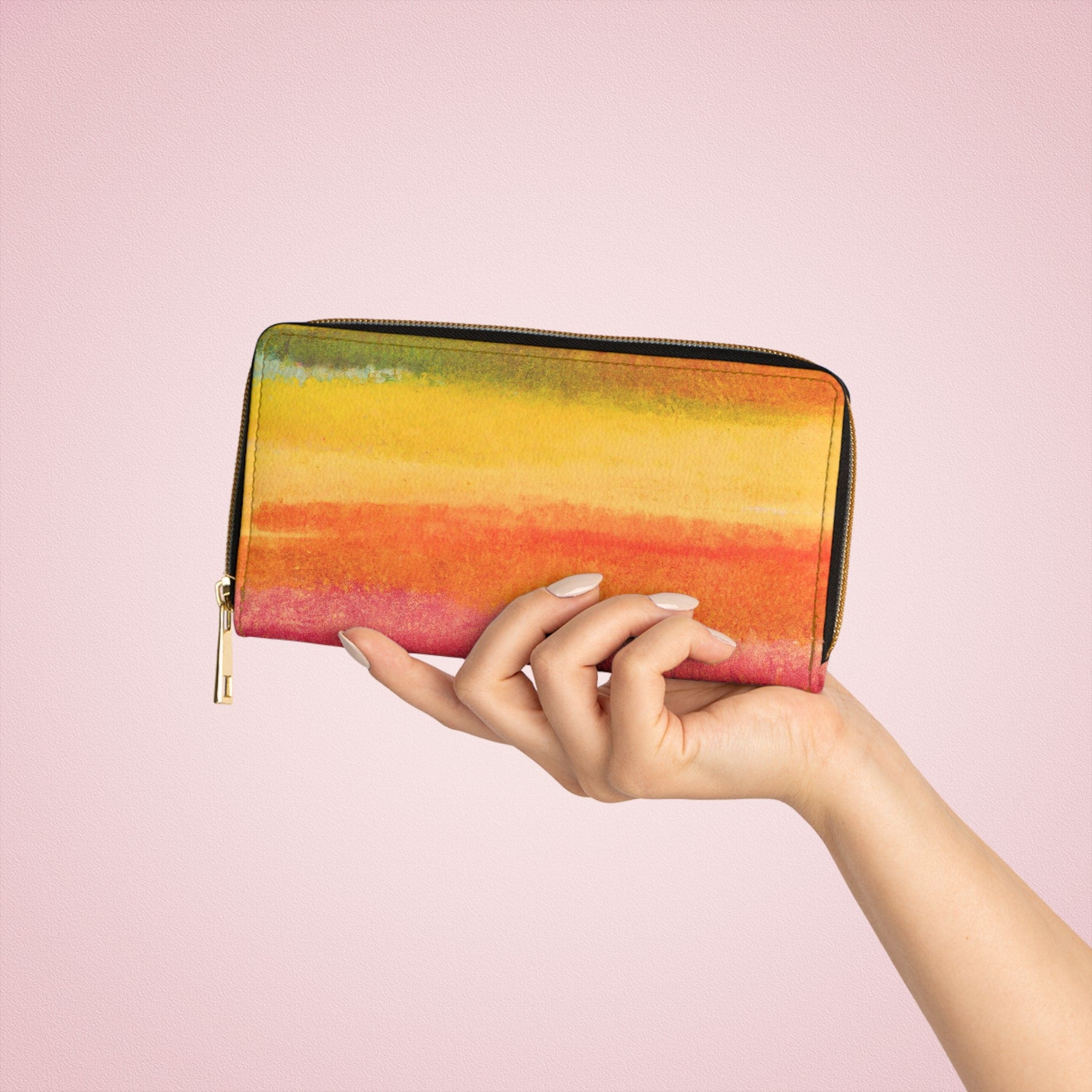 Autumn Fall Watercolor Abstract Print Women's Zipper Wallet Clutch showcasing vibrant colors and stylish design.