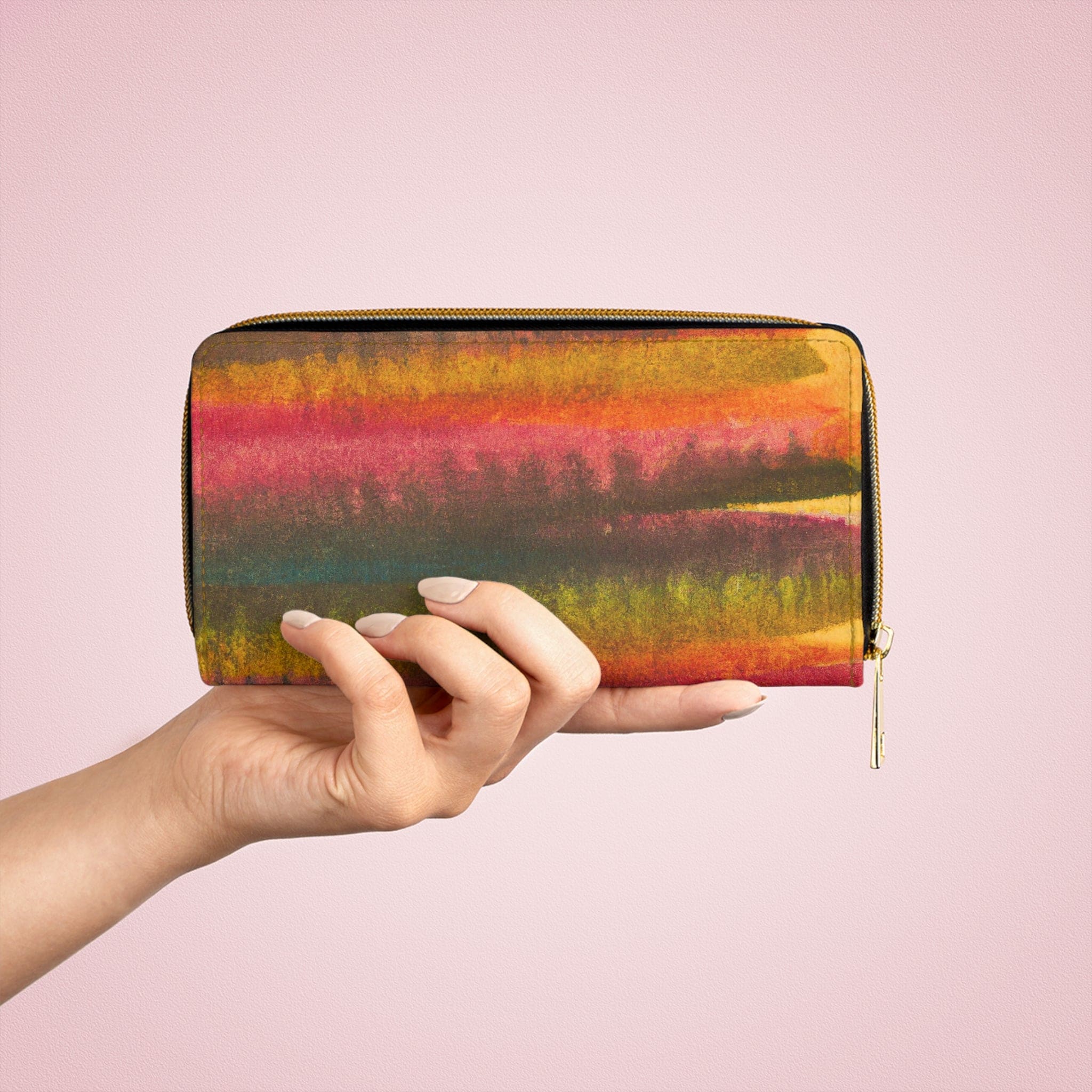 Autumn Fall Watercolor Abstract Print Women's Zipper Wallet Clutch showcasing vibrant colors and stylish design.