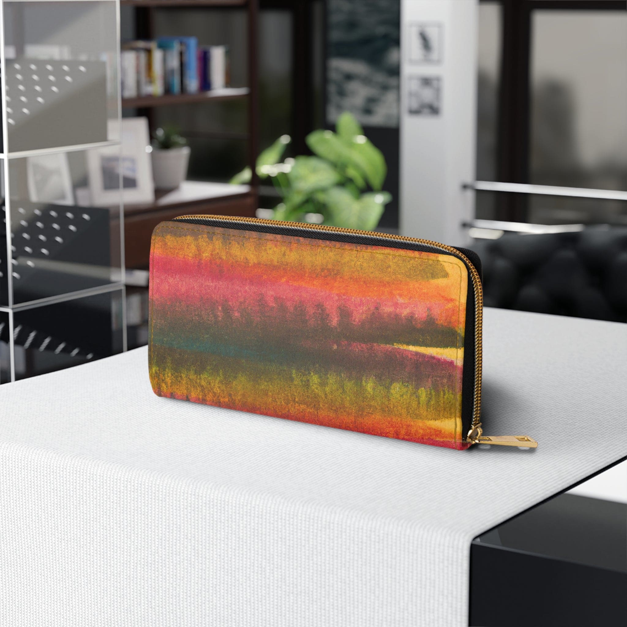 Autumn Fall Watercolor Abstract Print Women's Zipper Wallet Clutch showcasing vibrant colors and stylish design.
