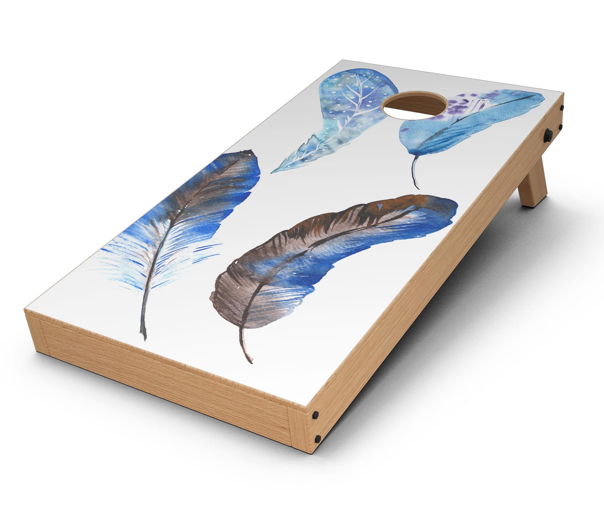 Azul Watercolor Feathers CornHole Board Skin Decal Kit showcasing vibrant feather designs on a vinyl wrap.