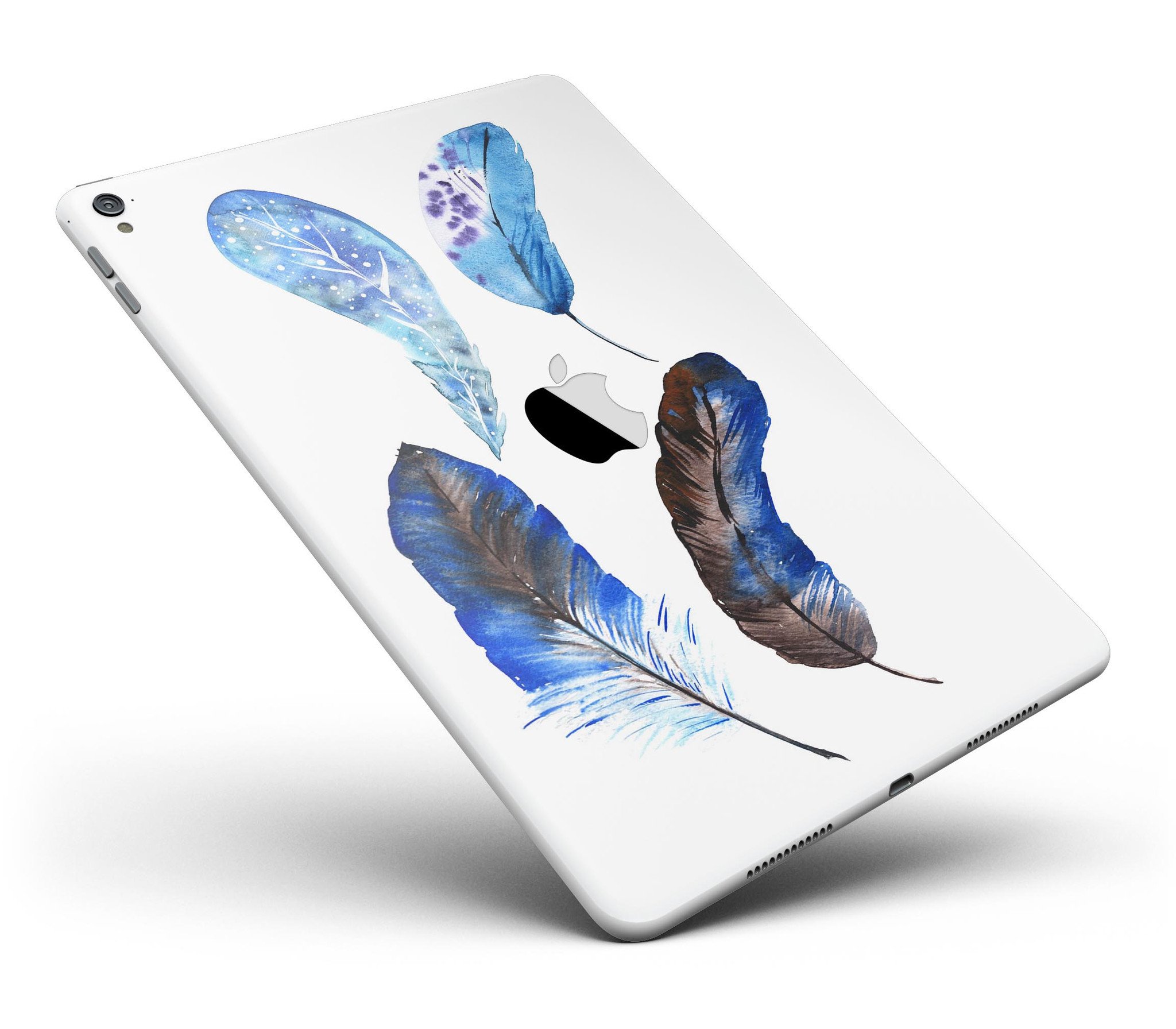 Azul Watercolor Feathers Full Body Skin for iPad Pro, showcasing vibrant feather designs on a sleek vinyl surface.