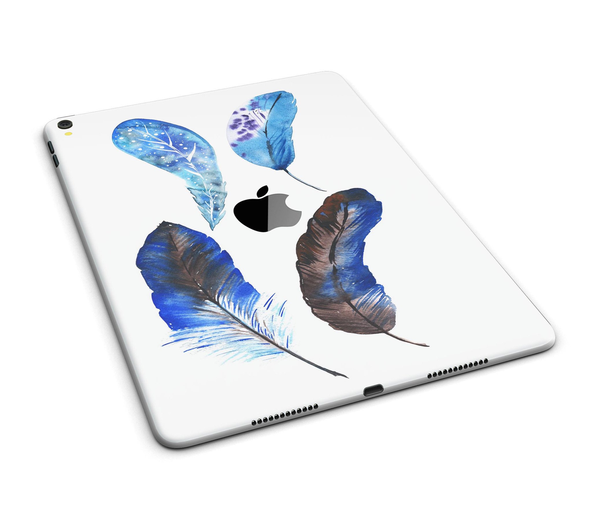 Azul Watercolor Feathers Full Body Skin for iPad Pro, showcasing vibrant feather designs on a sleek vinyl surface.