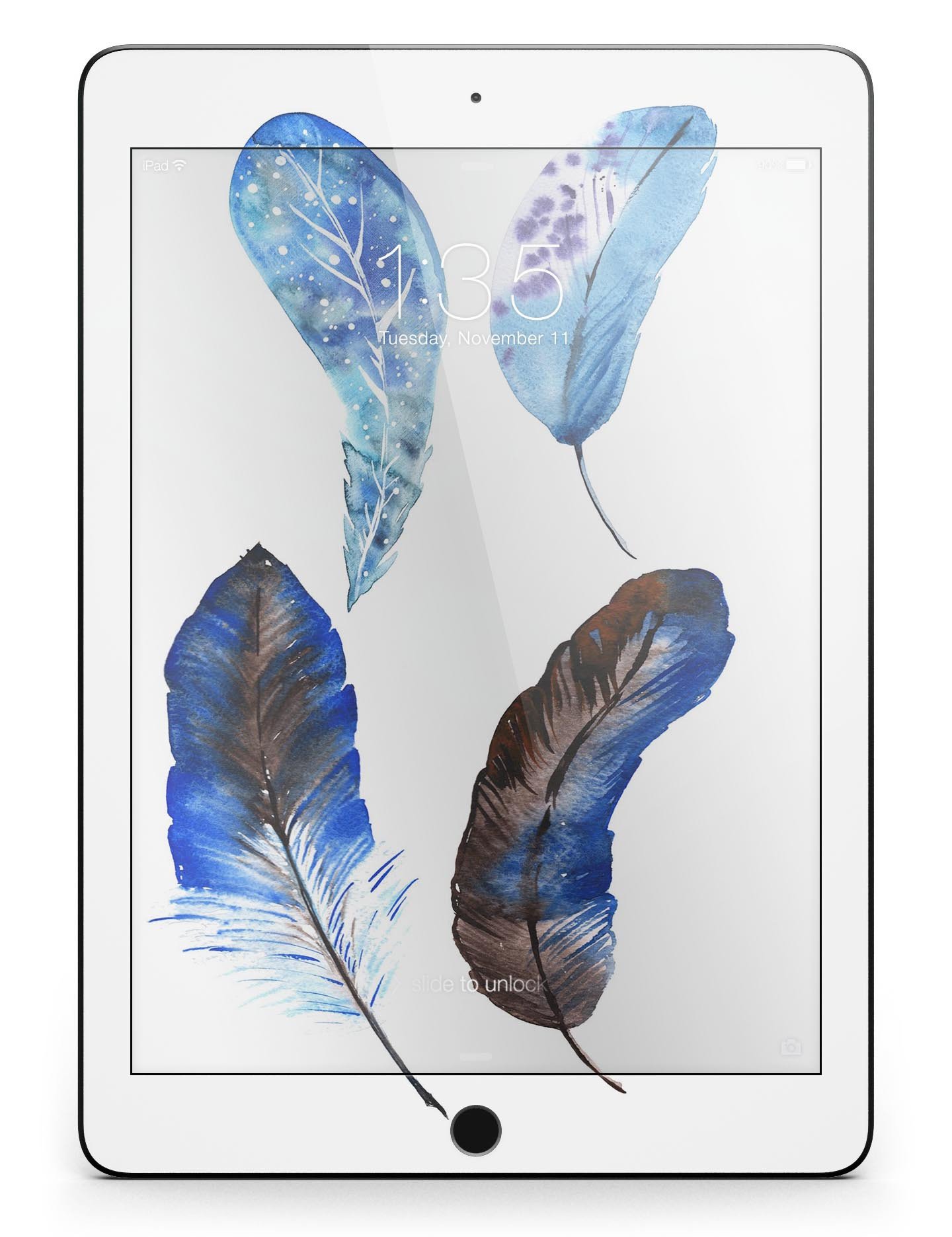 Azul Watercolor Feathers Full Body Skin for iPad Pro, showcasing vibrant feather designs on a sleek vinyl surface.