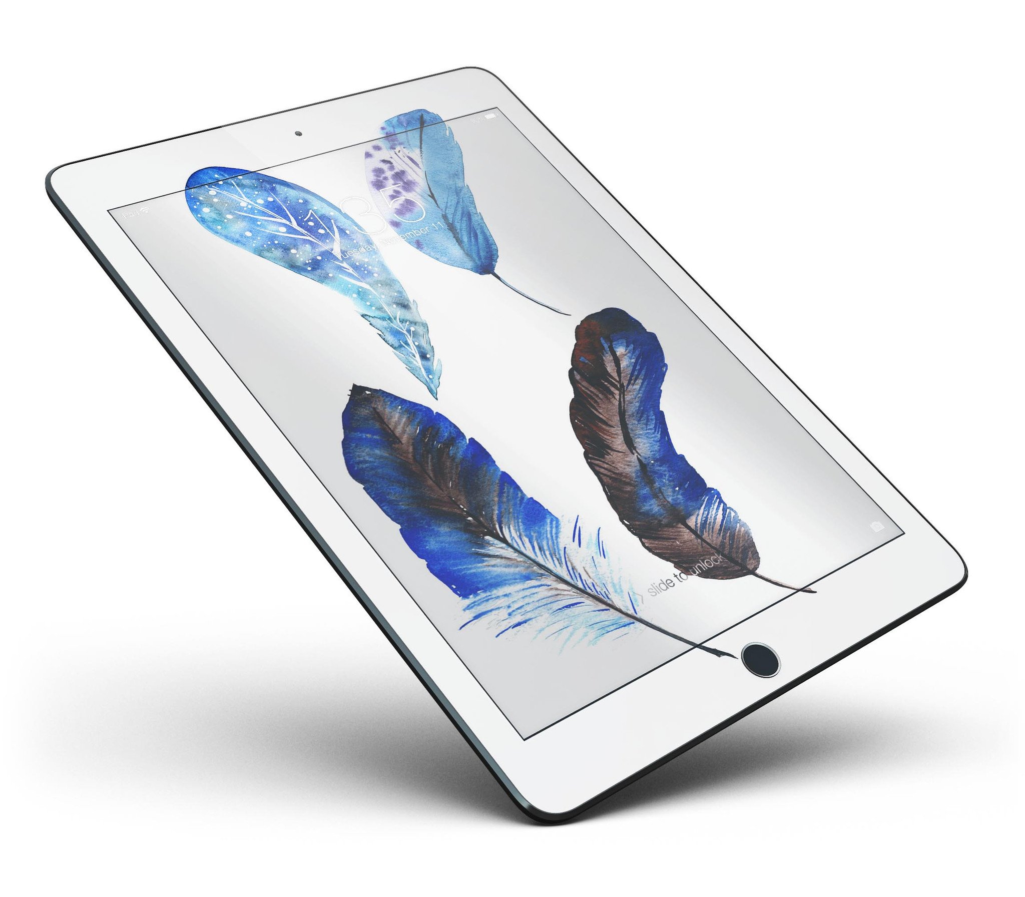 Azul Watercolor Feathers Full Body Skin for iPad Pro, showcasing vibrant feather designs on a sleek vinyl surface.