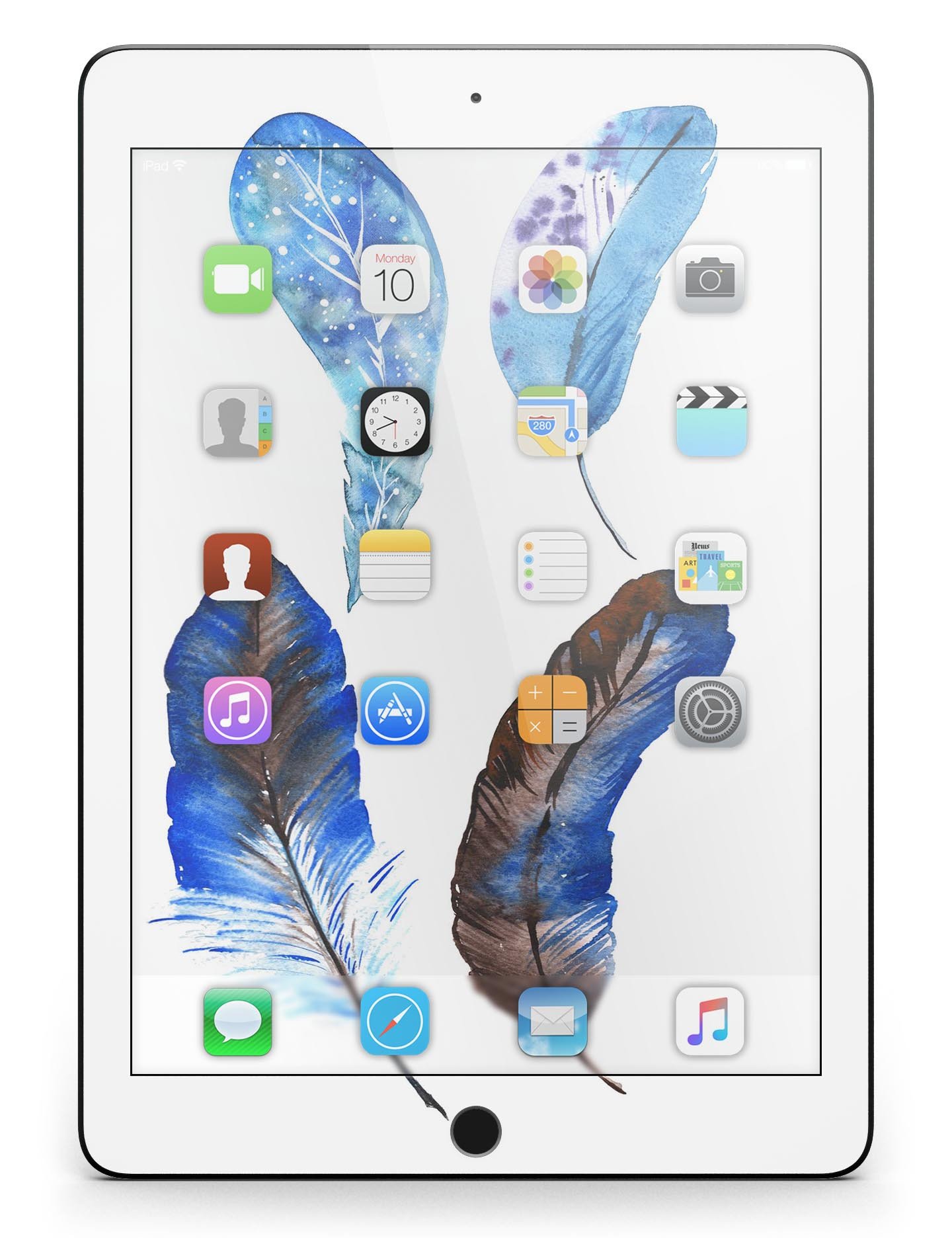 Azul Watercolor Feathers Full Body Skin for iPad Pro, showcasing vibrant feather designs on a sleek vinyl surface.