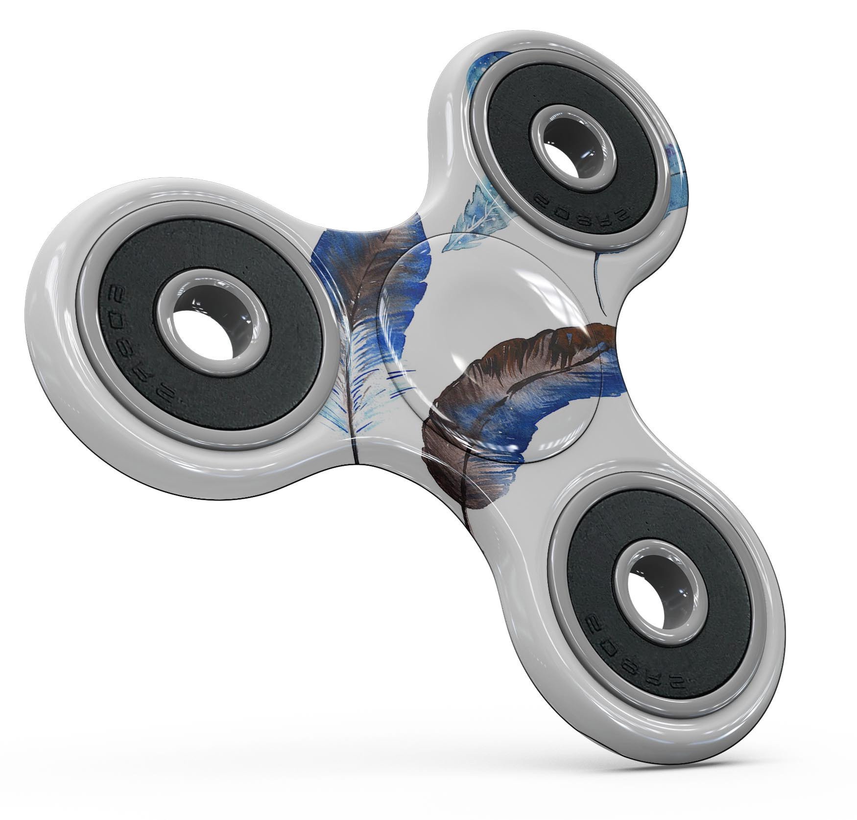 Azul Watercolor Feathers Full-Body Fidget Spinner Skin-Kit showcasing vibrant feather design on premium vinyl.