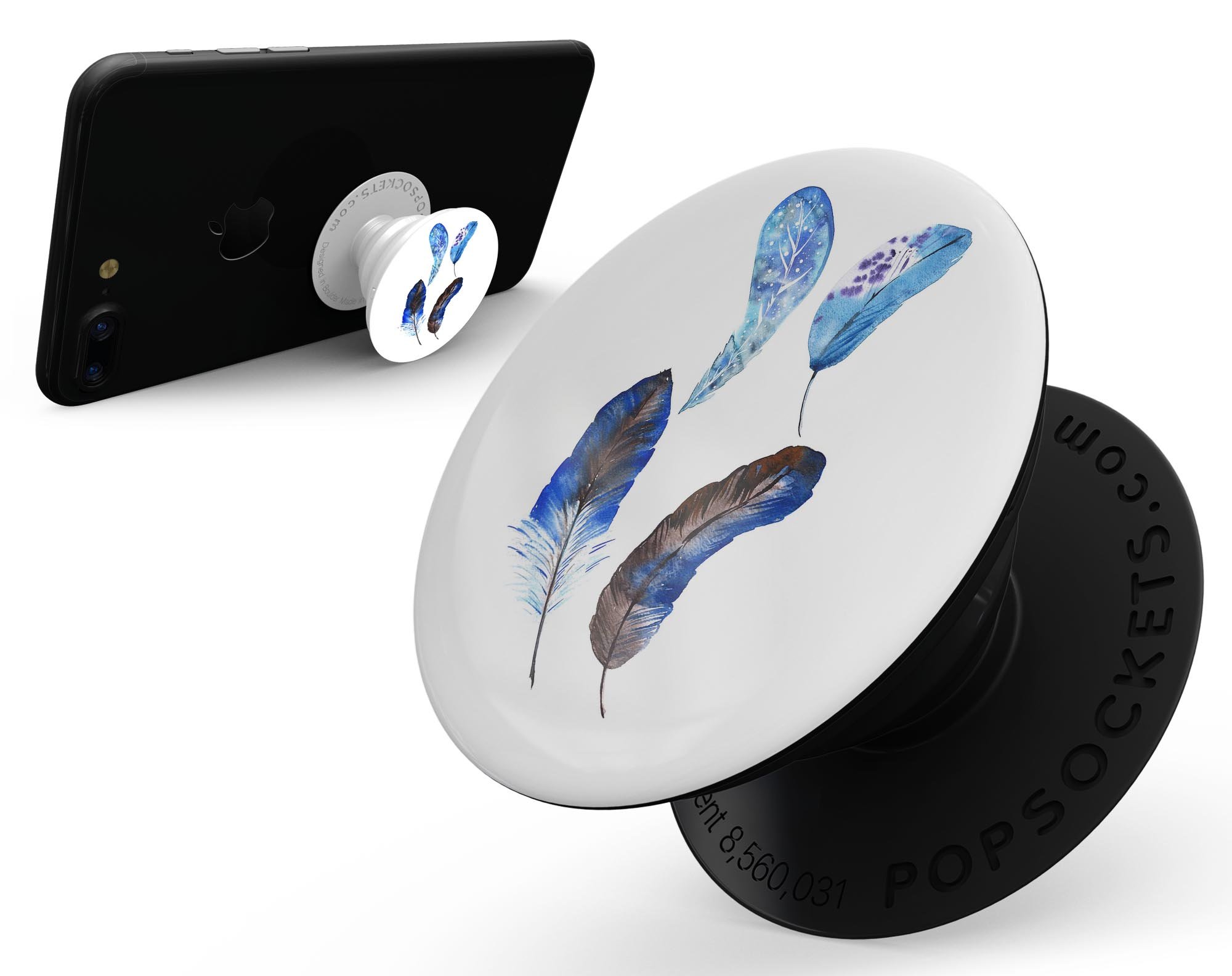 Azul Watercolor Feathers Skin Kit for PopSockets, featuring vibrant watercolor feather designs on premium vinyl.