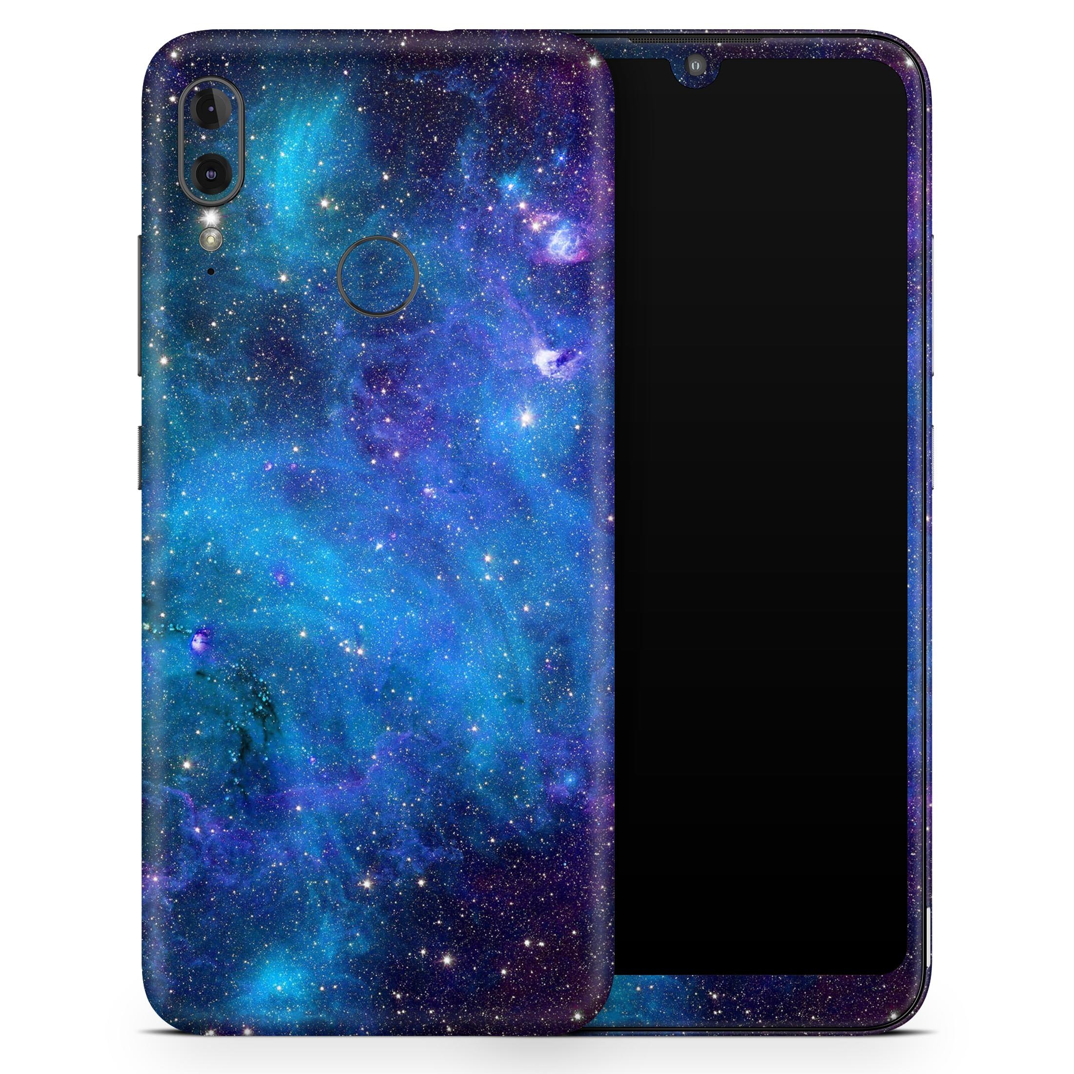 Azure Nebula full body skin decal wrap kit for Motorola phones, showcasing a vibrant cosmic design with a soft-touch matte finish.