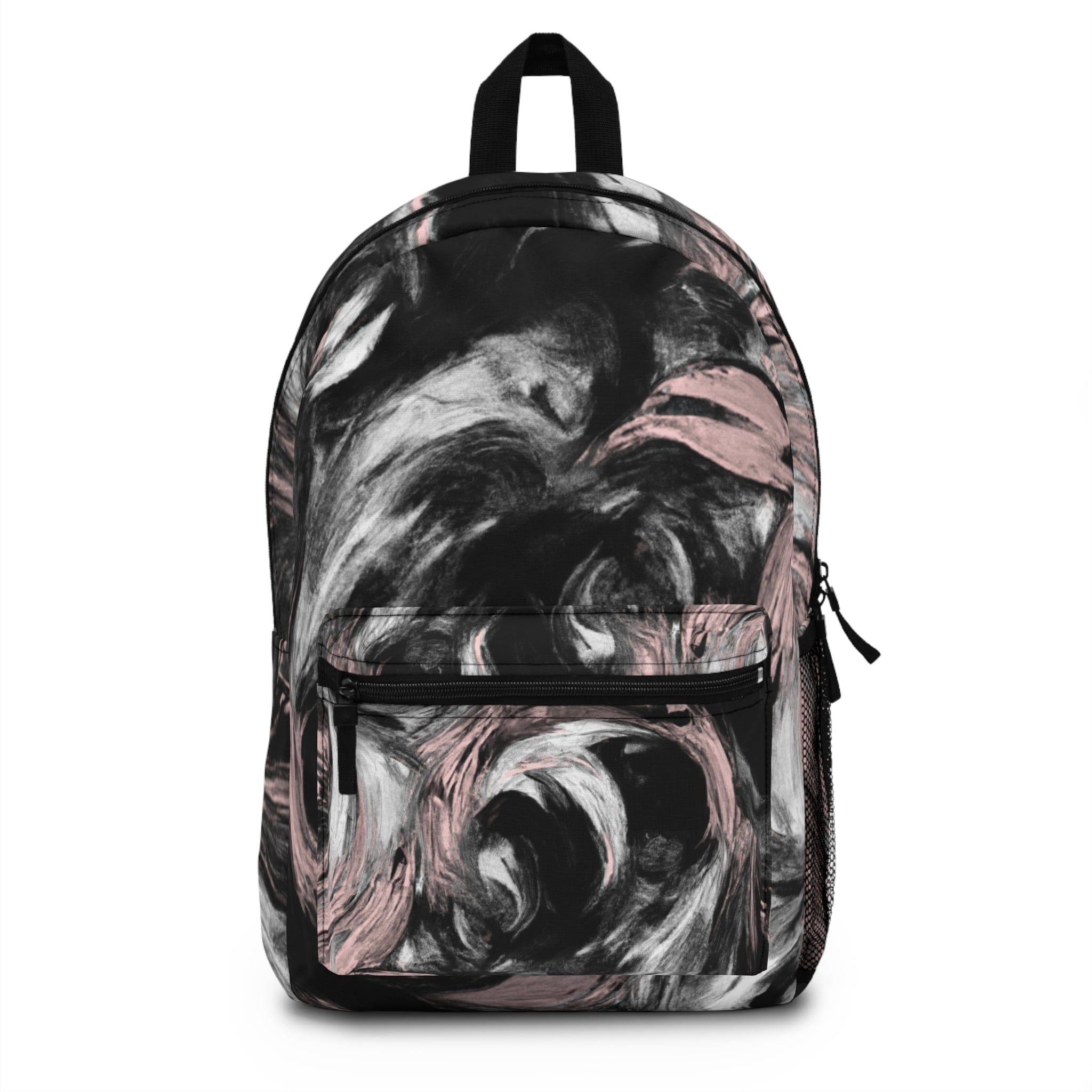 Large water-resistant backpack featuring a black, pink, and white abstract pattern, designed for style and functionality.