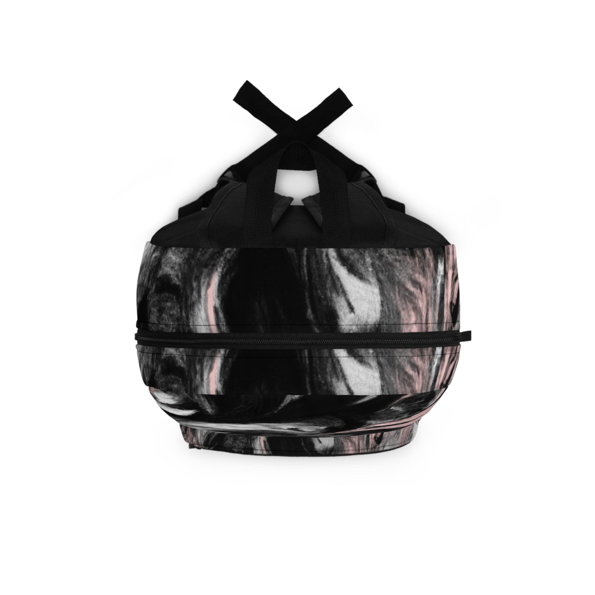 Large water-resistant backpack featuring a black, pink, and white abstract pattern, designed for style and functionality.