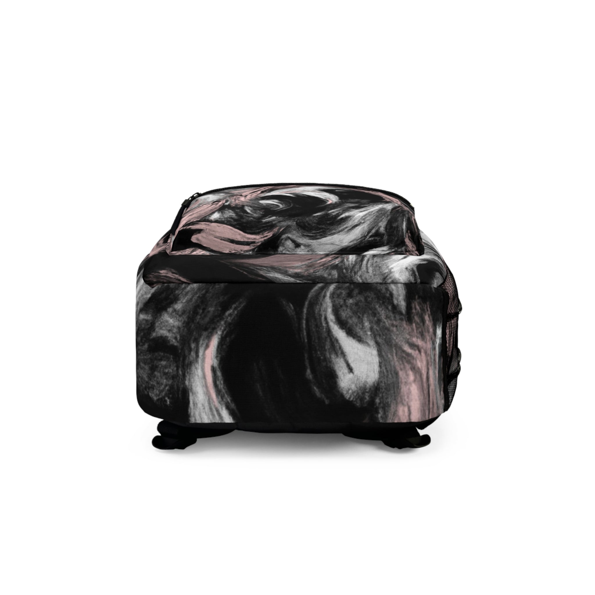 Large water-resistant backpack featuring a black, pink, and white abstract pattern, designed for style and functionality.