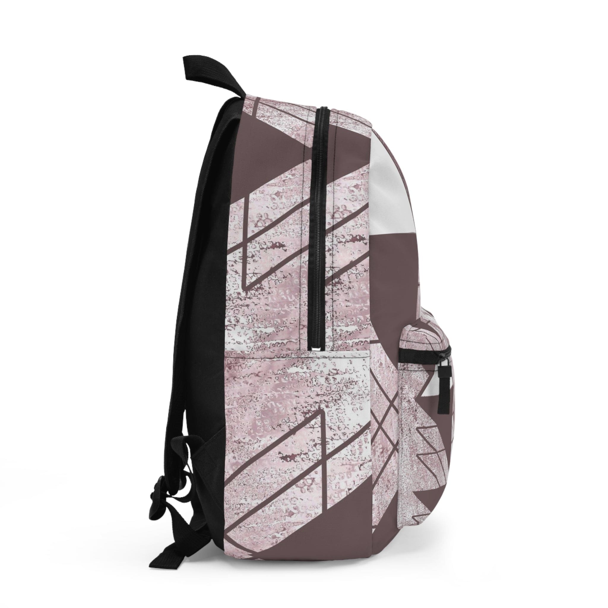 Large water-resistant backpack in mauve rose and white triangular colorblock, featuring adjustable straps and a spacious interior.