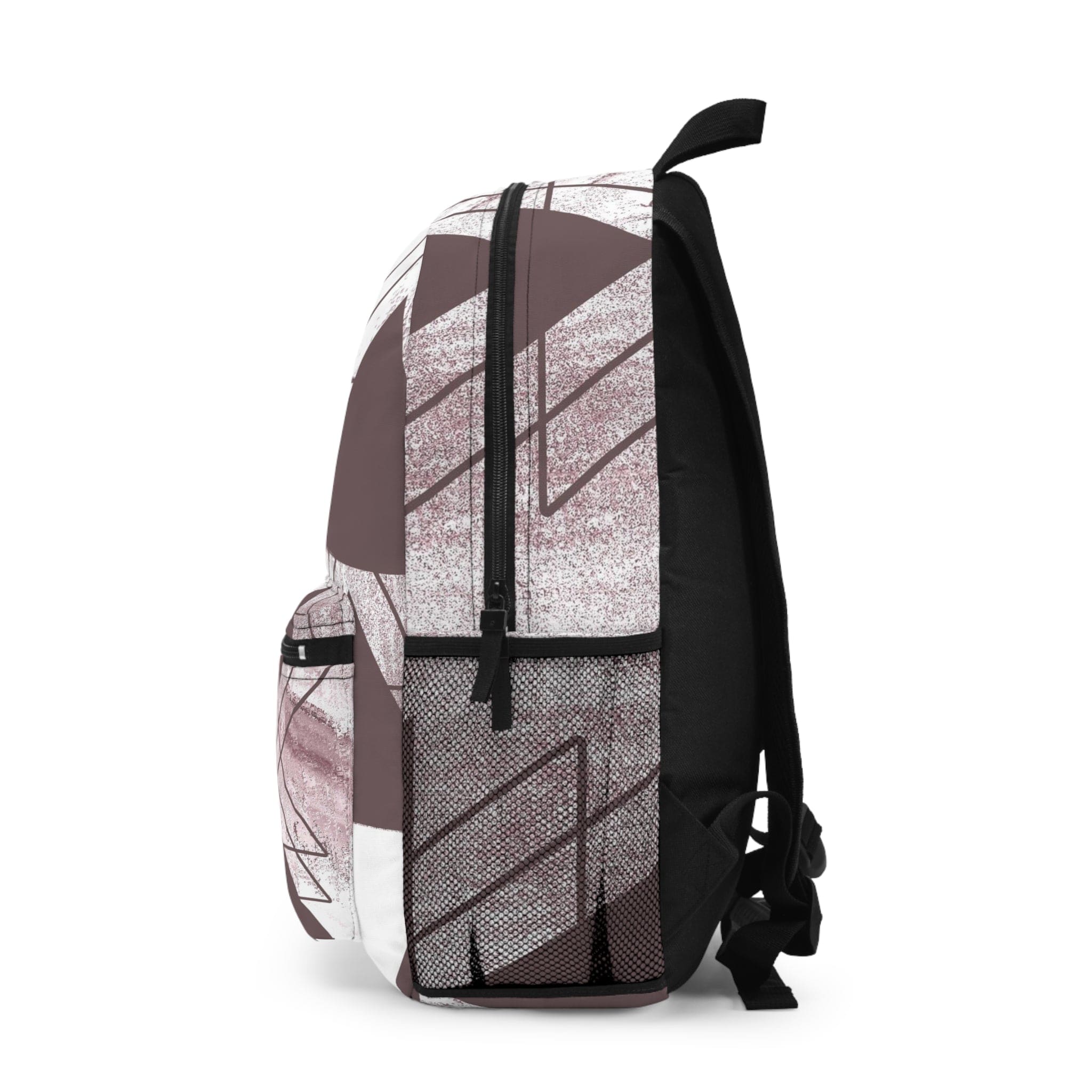 Large water-resistant backpack in mauve rose and white triangular colorblock, featuring adjustable straps and a spacious interior.