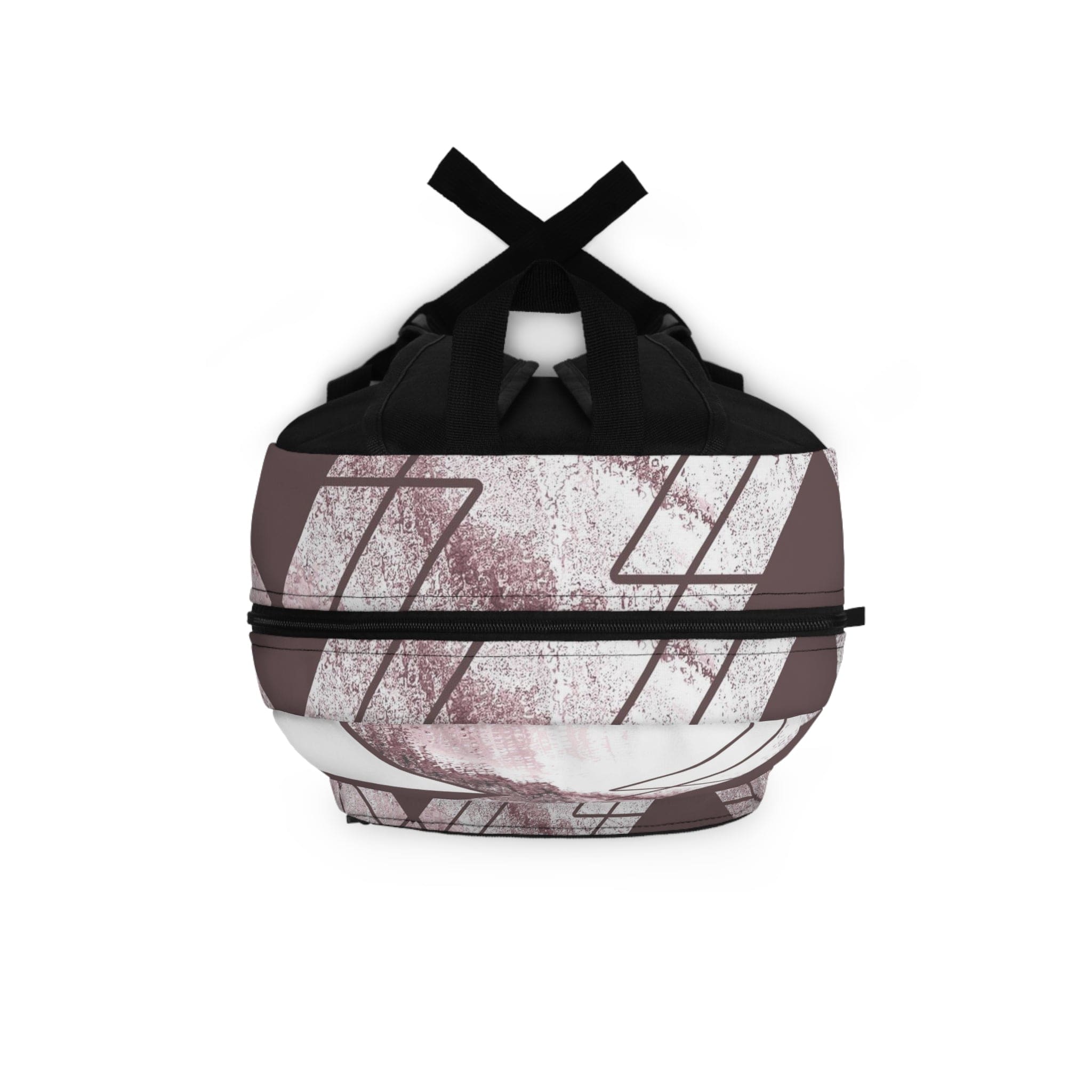 Large water-resistant backpack in mauve rose and white triangular colorblock, featuring adjustable straps and a spacious interior.