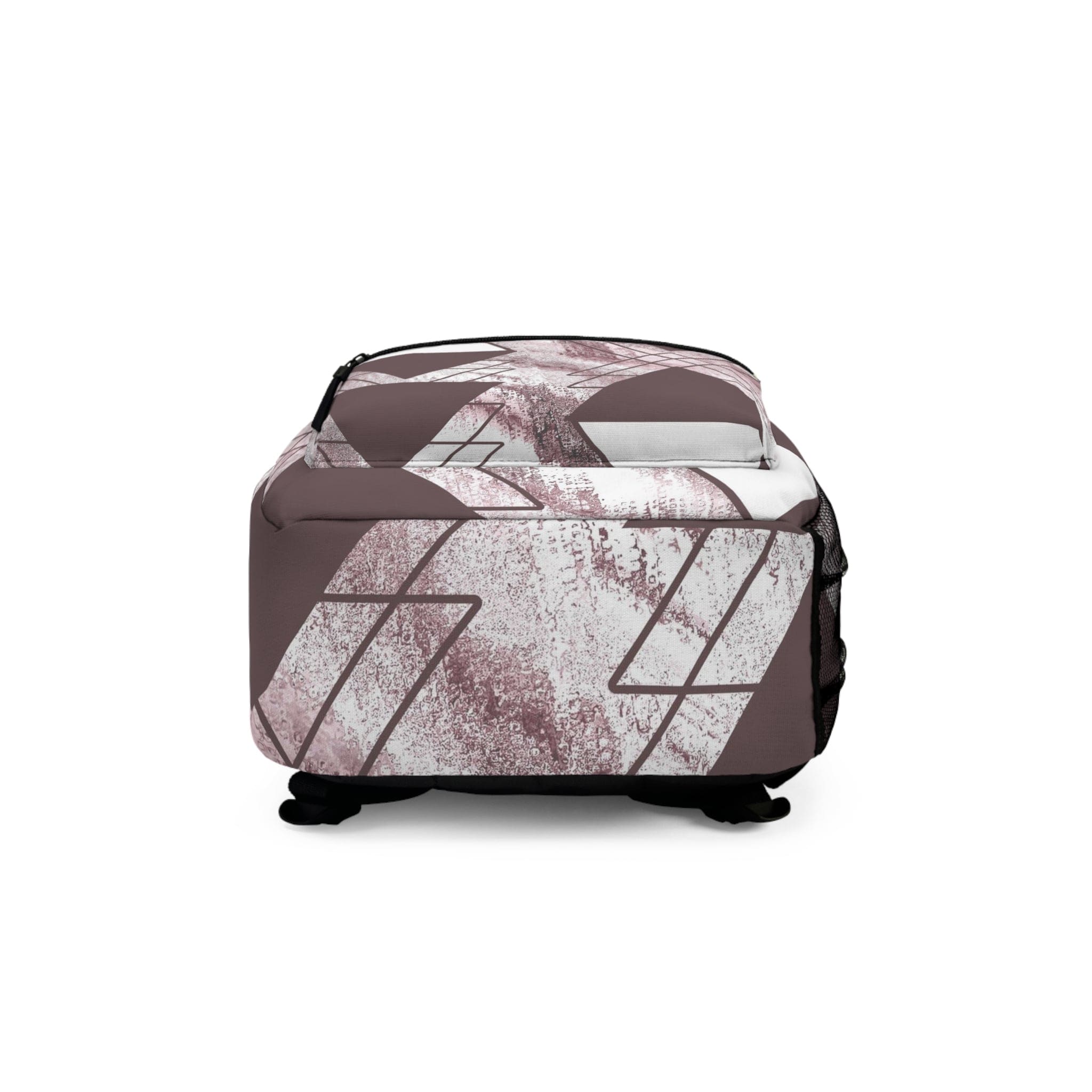 Large water-resistant backpack in mauve rose and white triangular colorblock, featuring adjustable straps and a spacious interior.
