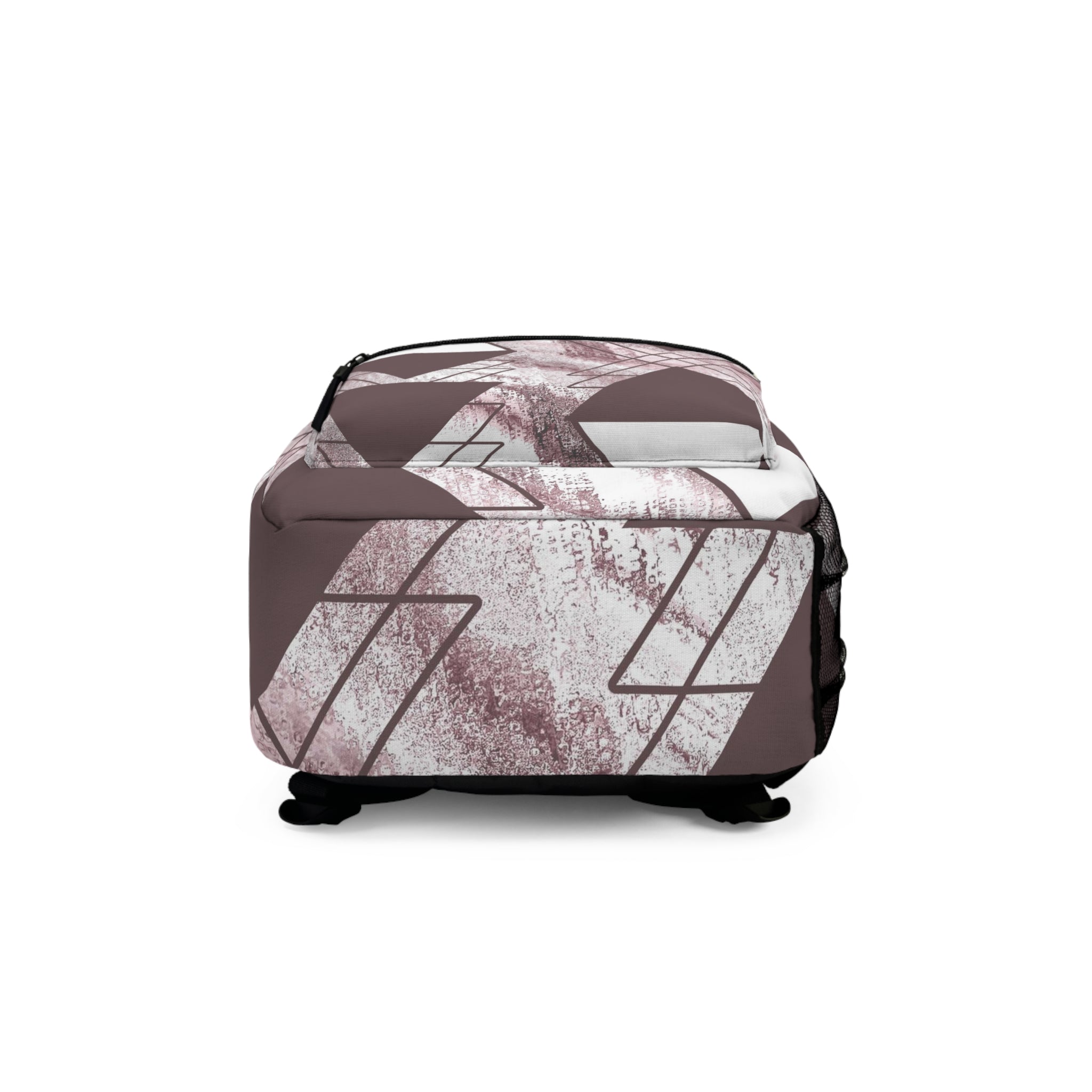 Large water-resistant backpack in mauve rose and white triangular colorblock, featuring adjustable straps and a spacious interior.